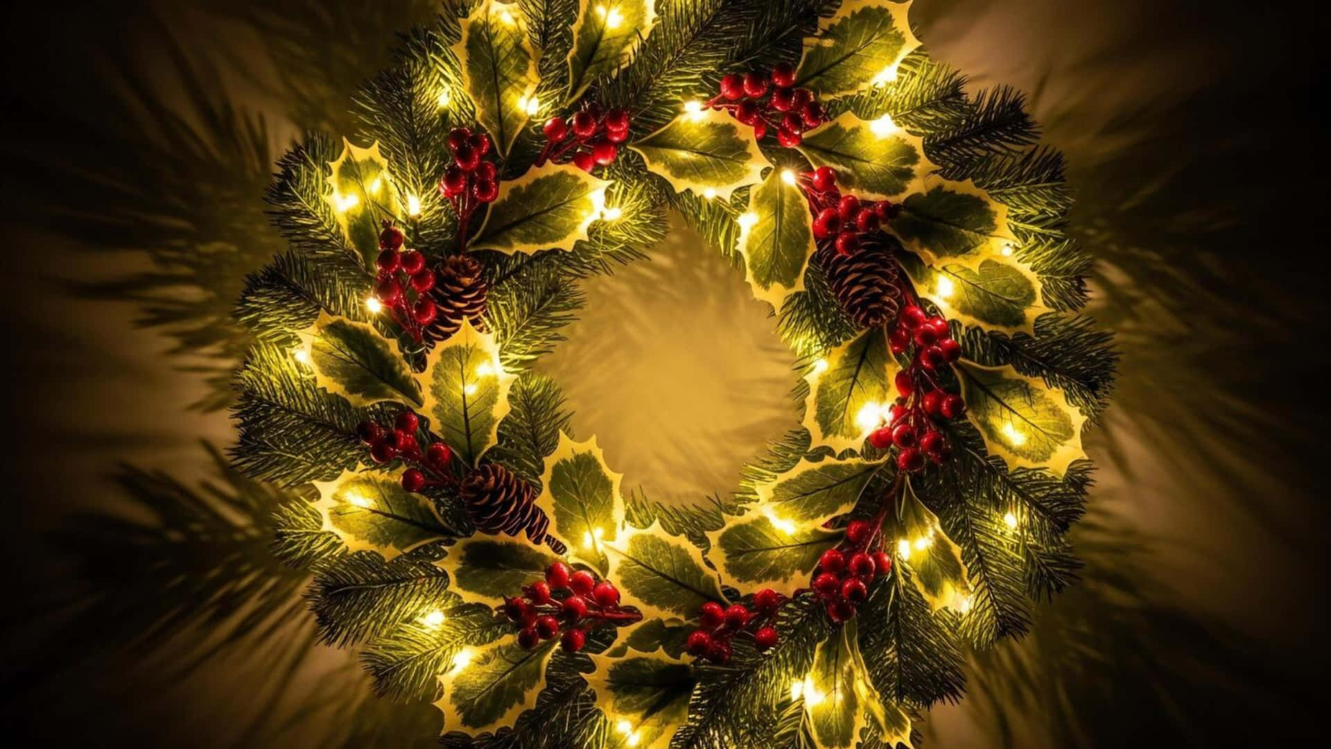 Christmas Wreath, fairy lights, holly berries, Full HD Desktop Wallpaper