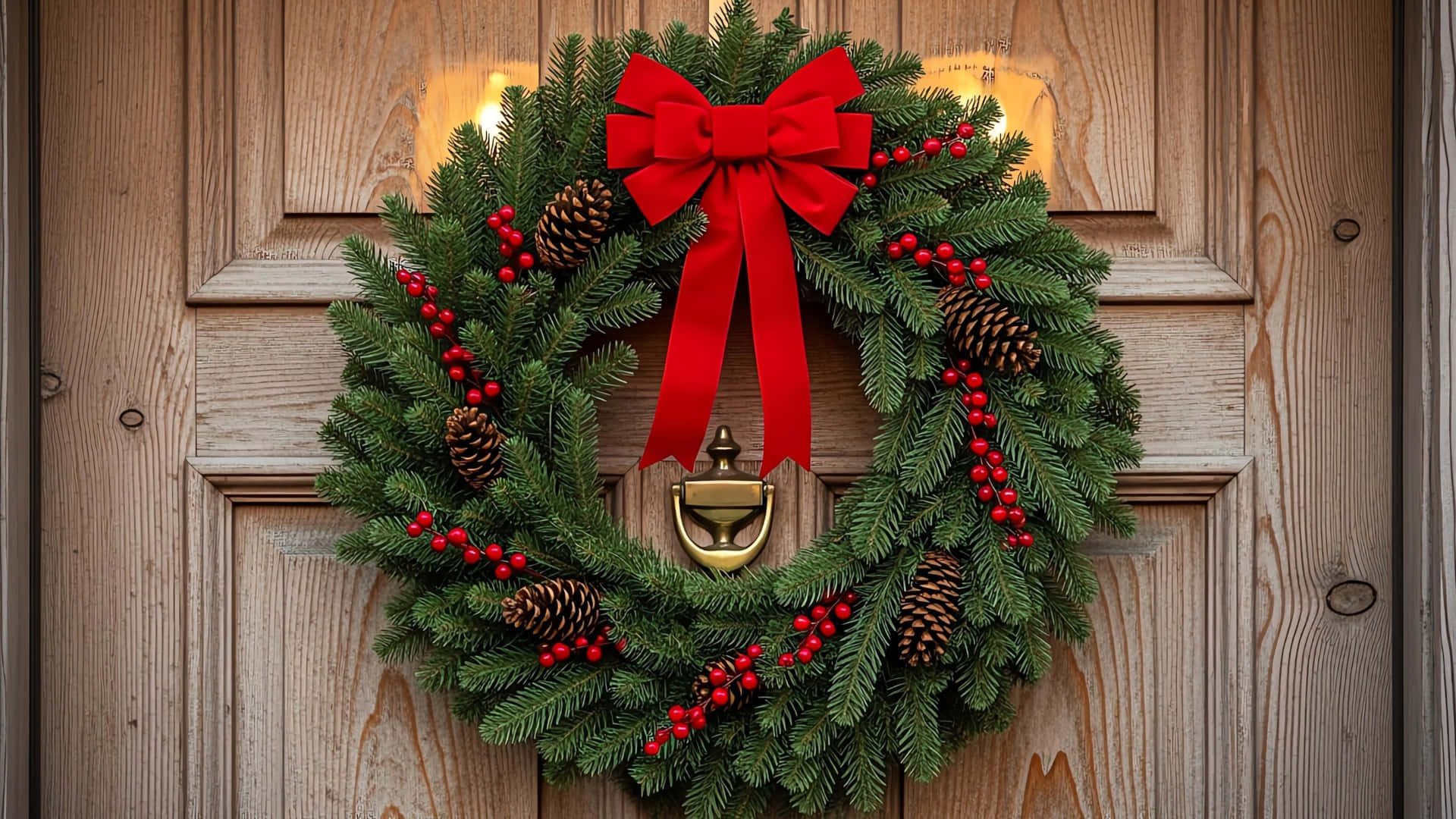 Classic Christmas Wreath, evergreen wreath, red berries, Full HD Desktop Wallpaper