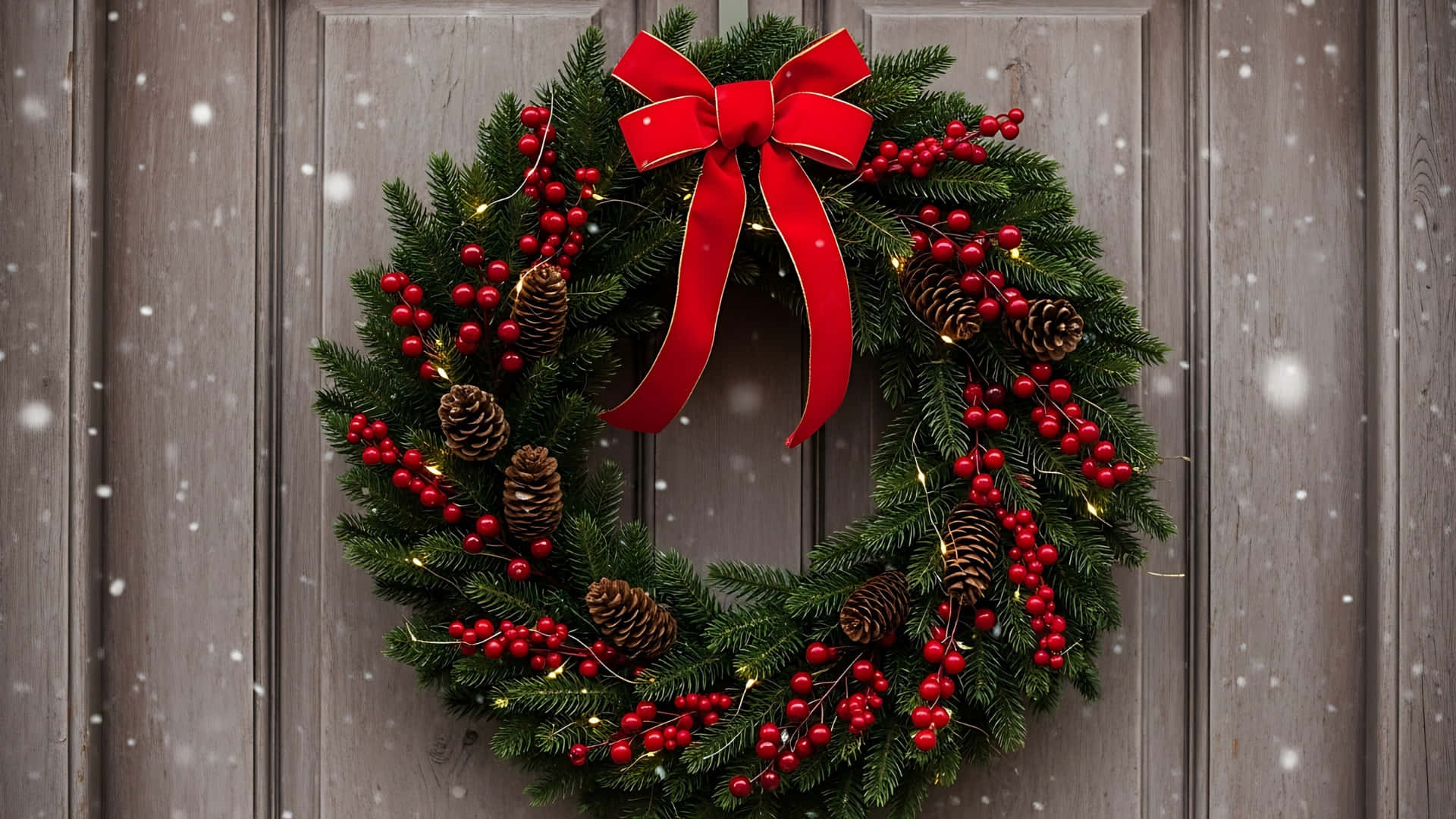 Classic Christmas Wreath, red bow, pinecones, Full HD Desktop Wallpaper