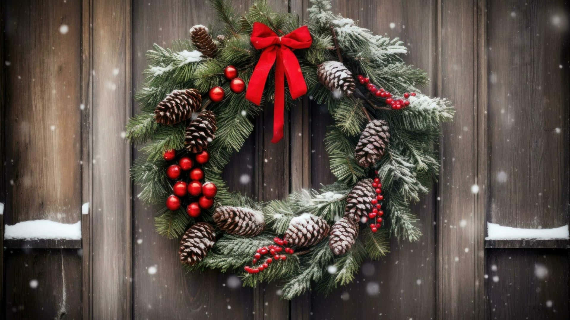 Classic Christmas Wreath, pinecones, red berries, Full HD Desktop Wallpaper
