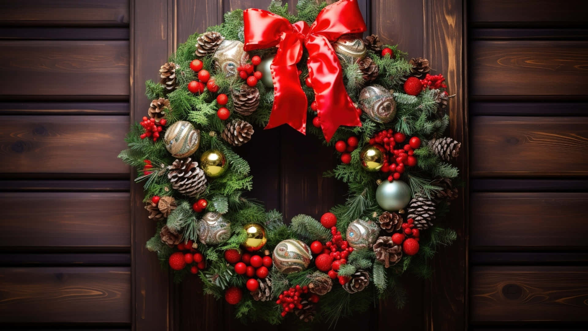Classic Christmas Wreath, red berries, pinecones, Full HD Desktop Wallpaper