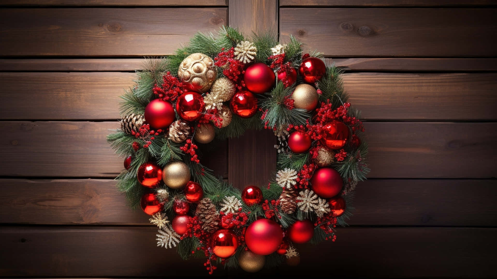 classic christmas wreath, red, gold, Full HD Desktop Wallpaper