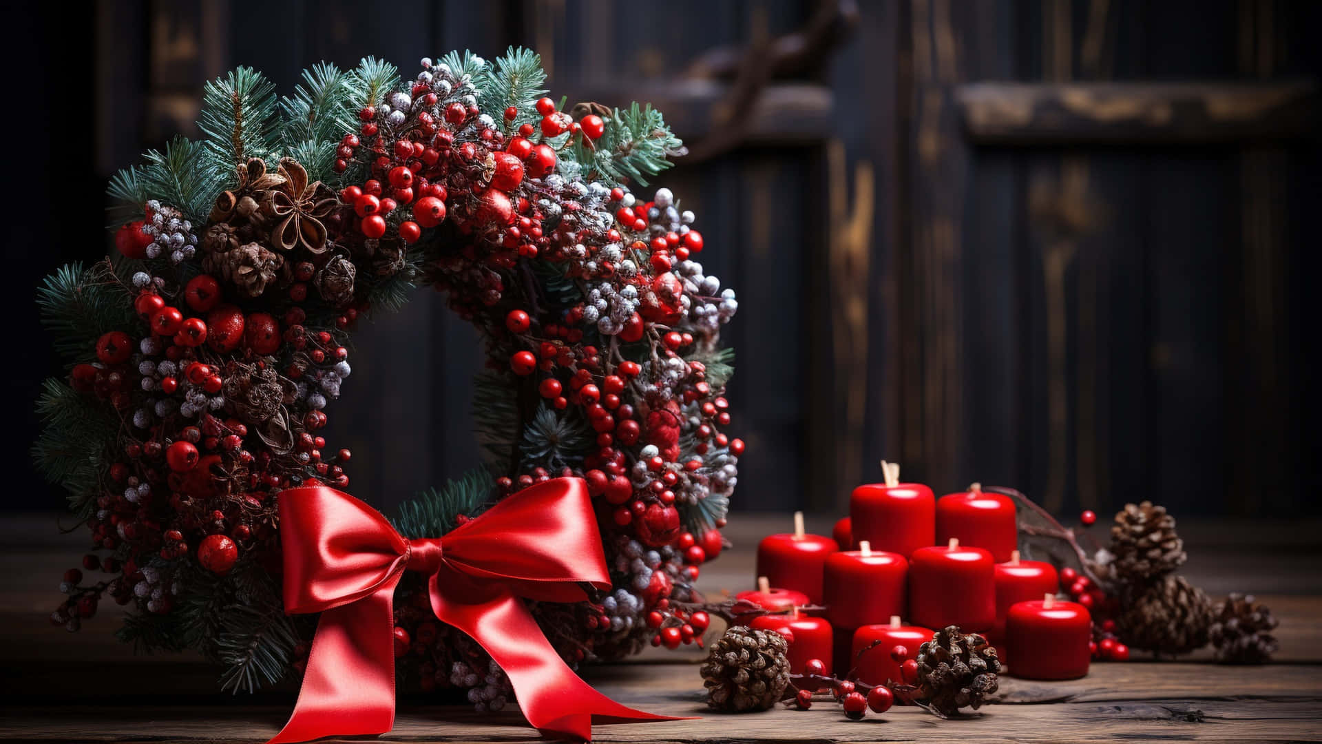 Classic Christmas Wreath, red berries, pinecones, Full HD Desktop Wallpaper