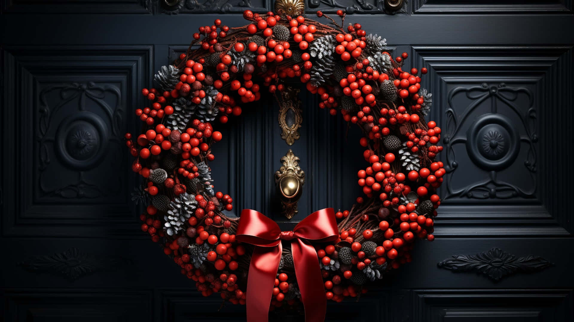 Classic Christmas Wreath, red berry wreath, pinecones, Full HD Desktop Wallpaper