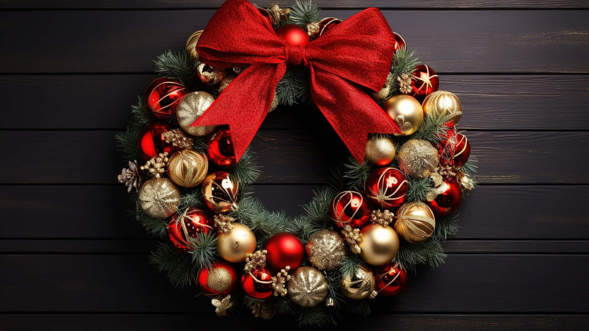 Classic Christmas Wreath, red and gold ornaments, pinecones, Full HD Desktop Wallpaper