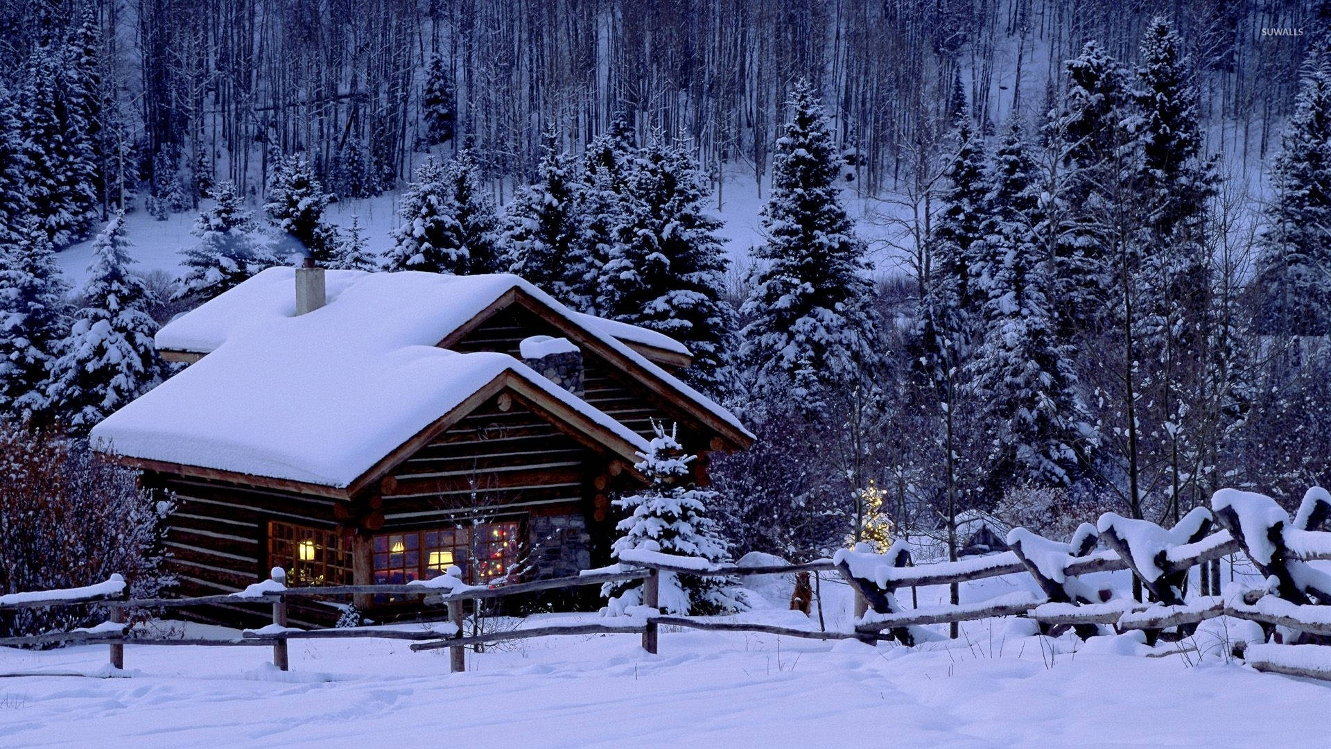 Christmas forest, snow-covered log cabin, winter forest, Full HD Desktop Wallpaper