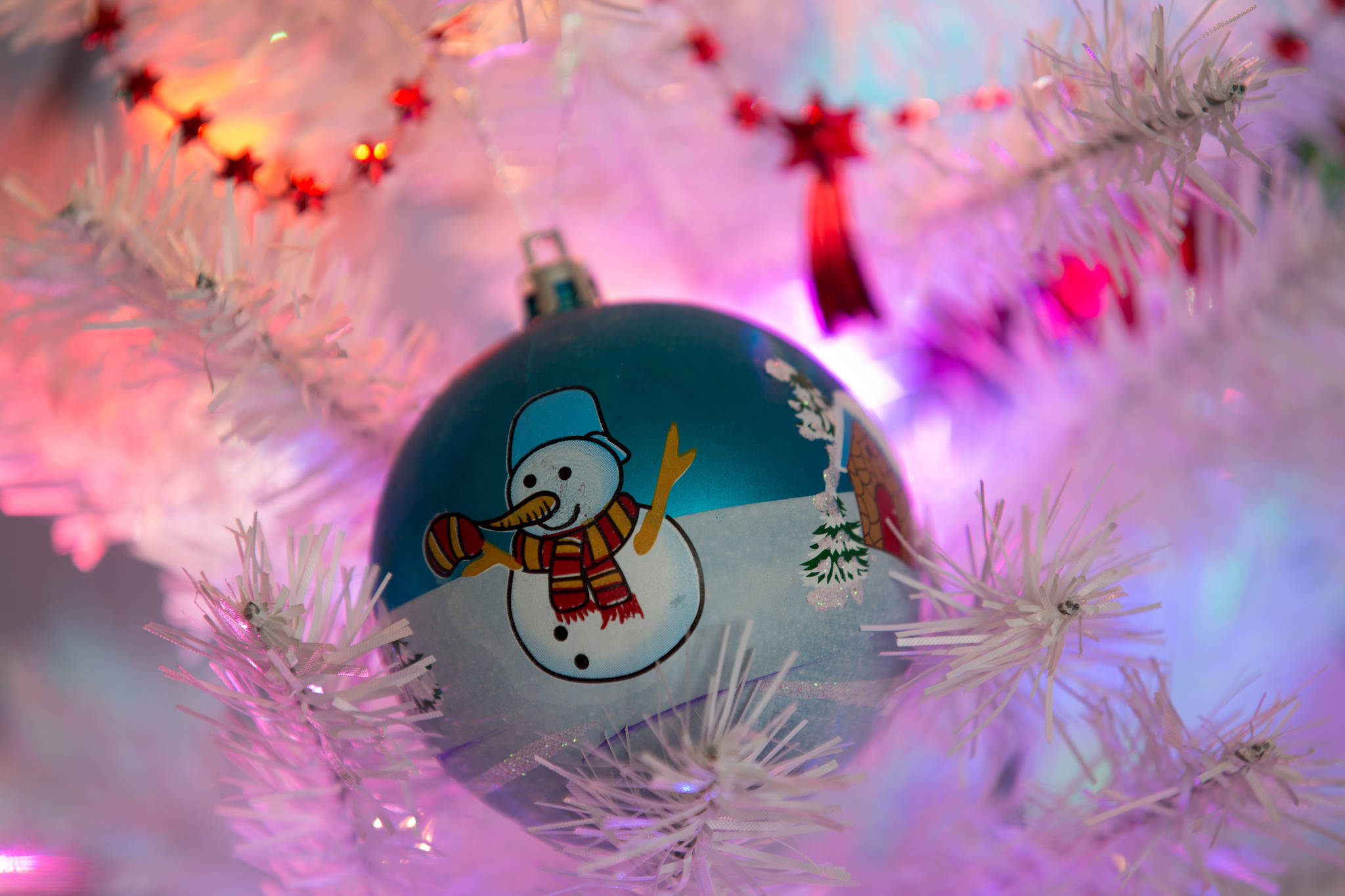 snowman, Christmas lights, pink white tree branches, Full HD Desktop Wallpaper