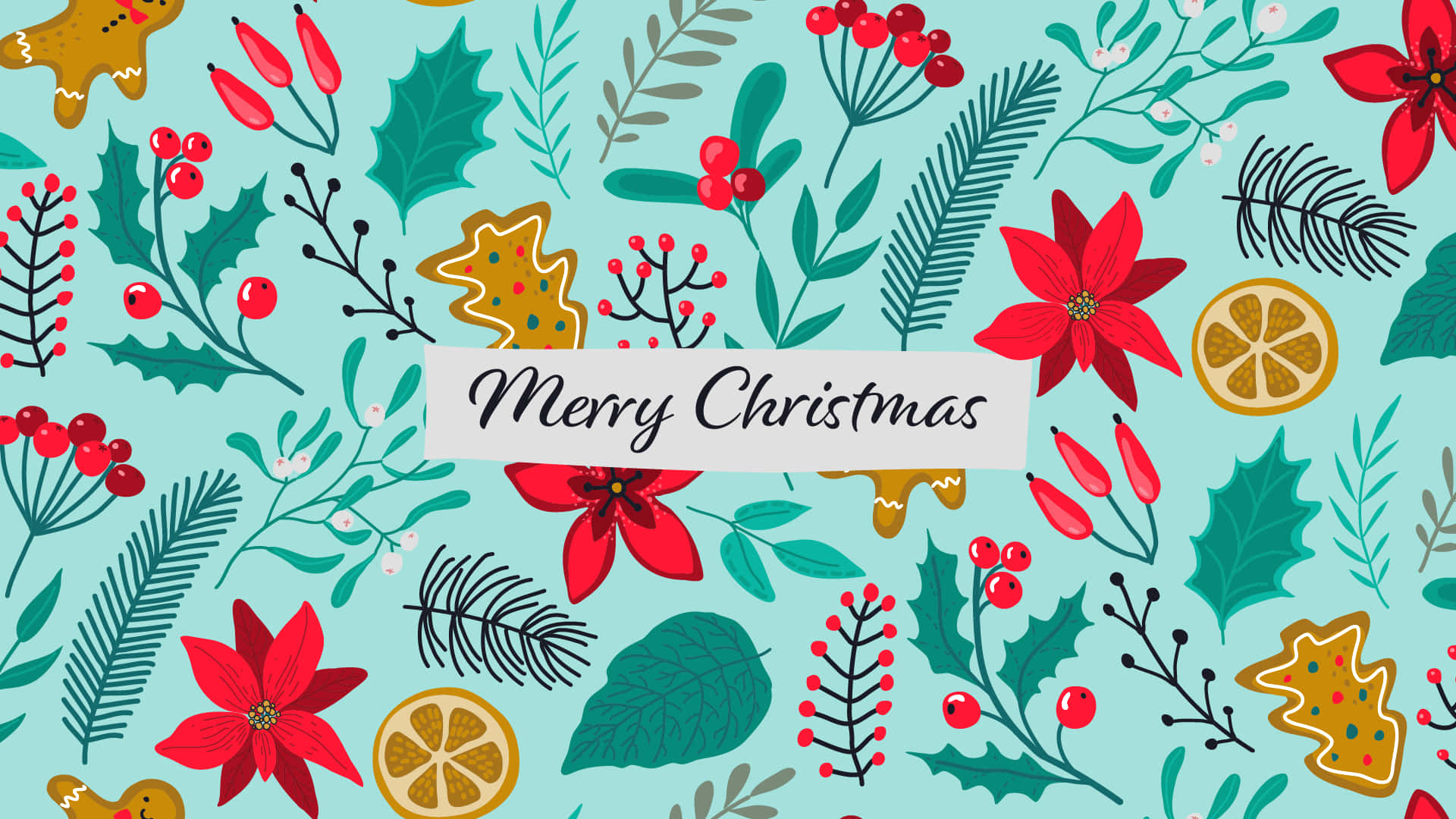 red poinsettias, holly berries, gingerbread cookies, Full HD Desktop Wallpaper
