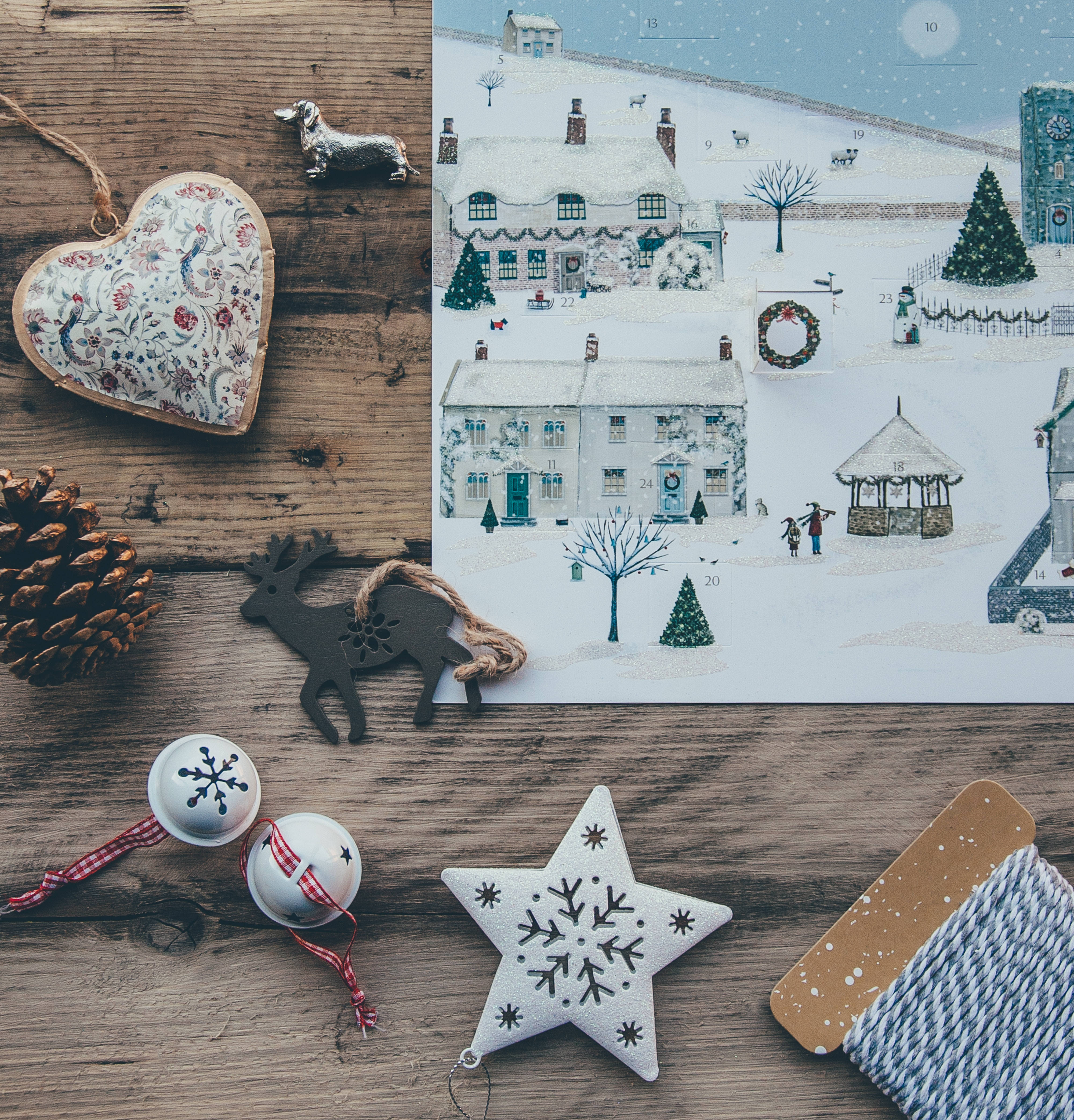 Christmas ornaments, rustic wooden table, snowy village advent calendar illustration, 4K Phone Wallpaper