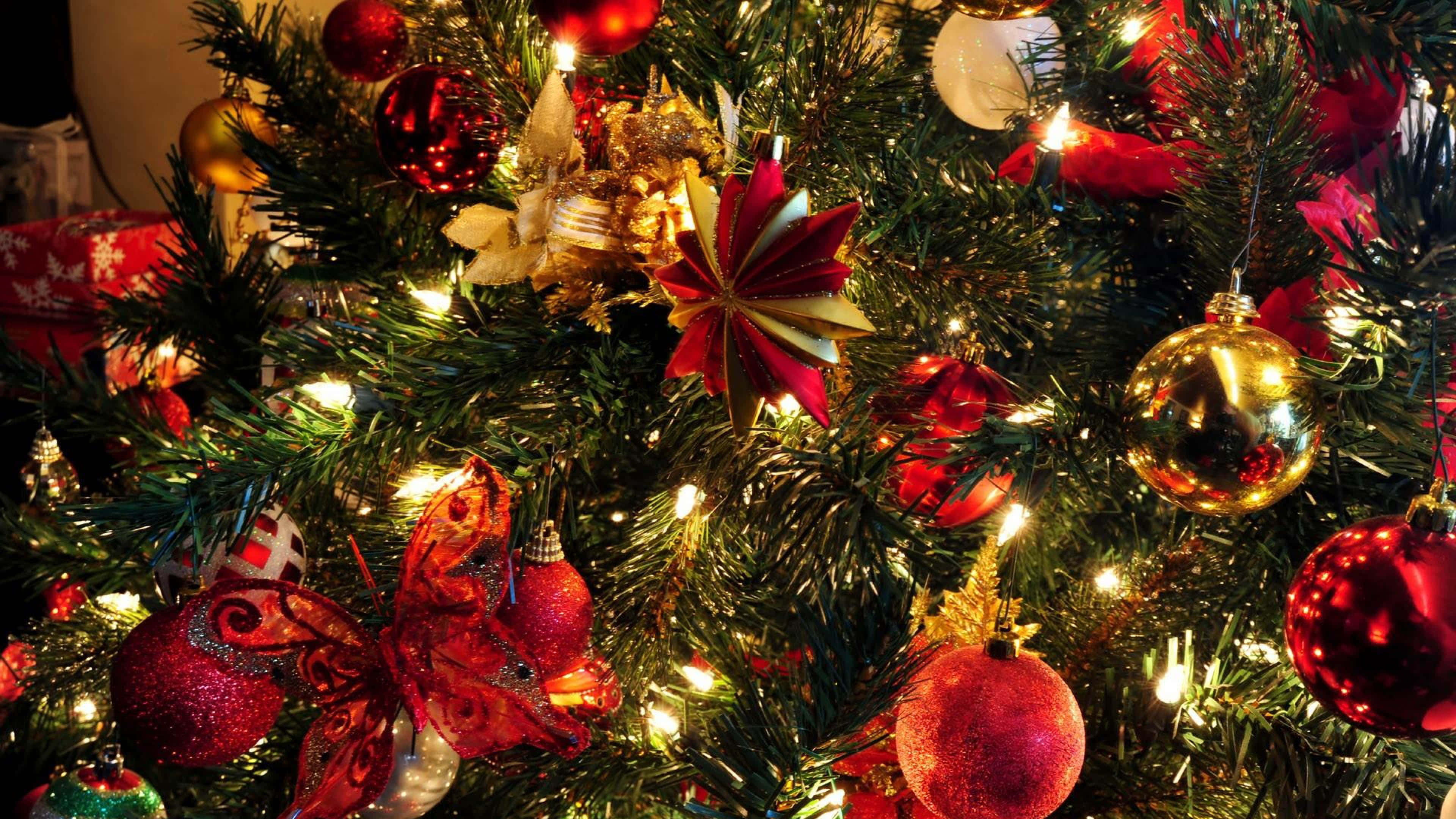 Christmas tree, glowing lights, red and gold ornaments, 4K Desktop Wallpaper