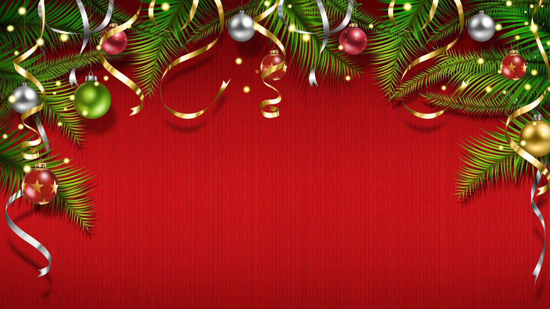 red, green pine branches, shiny red silver and gold ornaments, Full HD Desktop Wallpaper