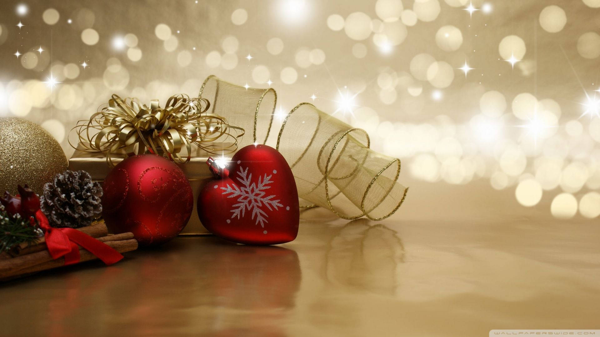red gold christmas ornaments, shiny red Christmas ornaments, pinecone, Full HD Desktop Wallpaper