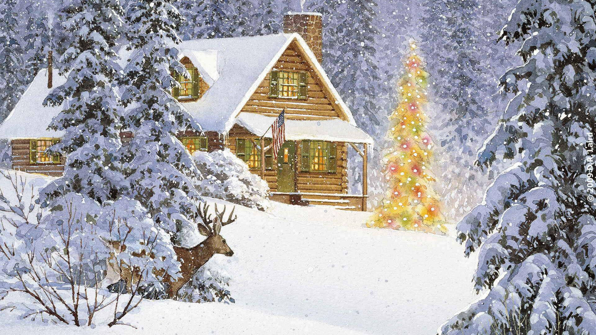 Christmas forest, golden tree, snow-covered log cabin, Full HD Desktop Wallpaper
