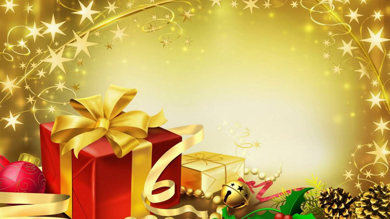 red Christmas gift, golden stars, red and gold gift boxes, HD Desktop Wallpaper