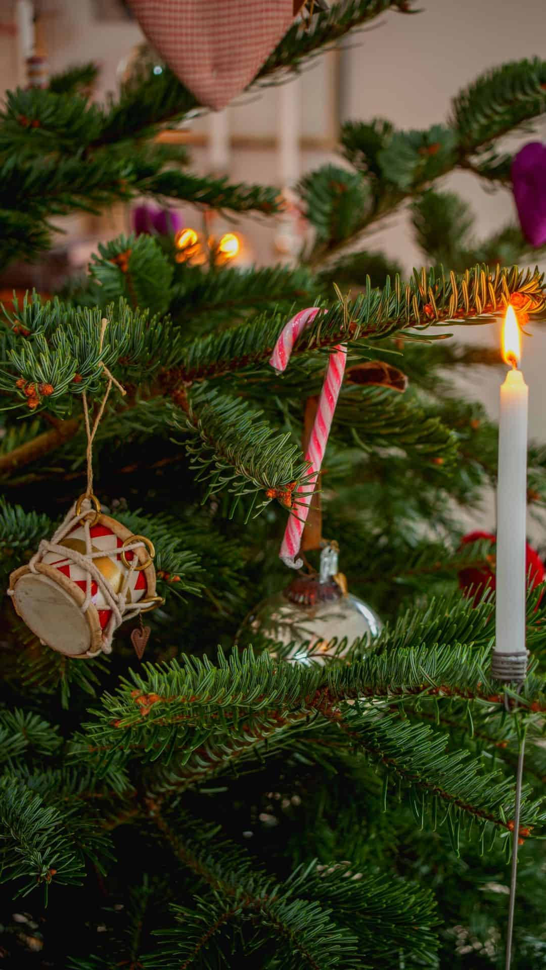 Christmas tree, lit candle candy cane, drum ornament, Full HD Phone Wallpaper
