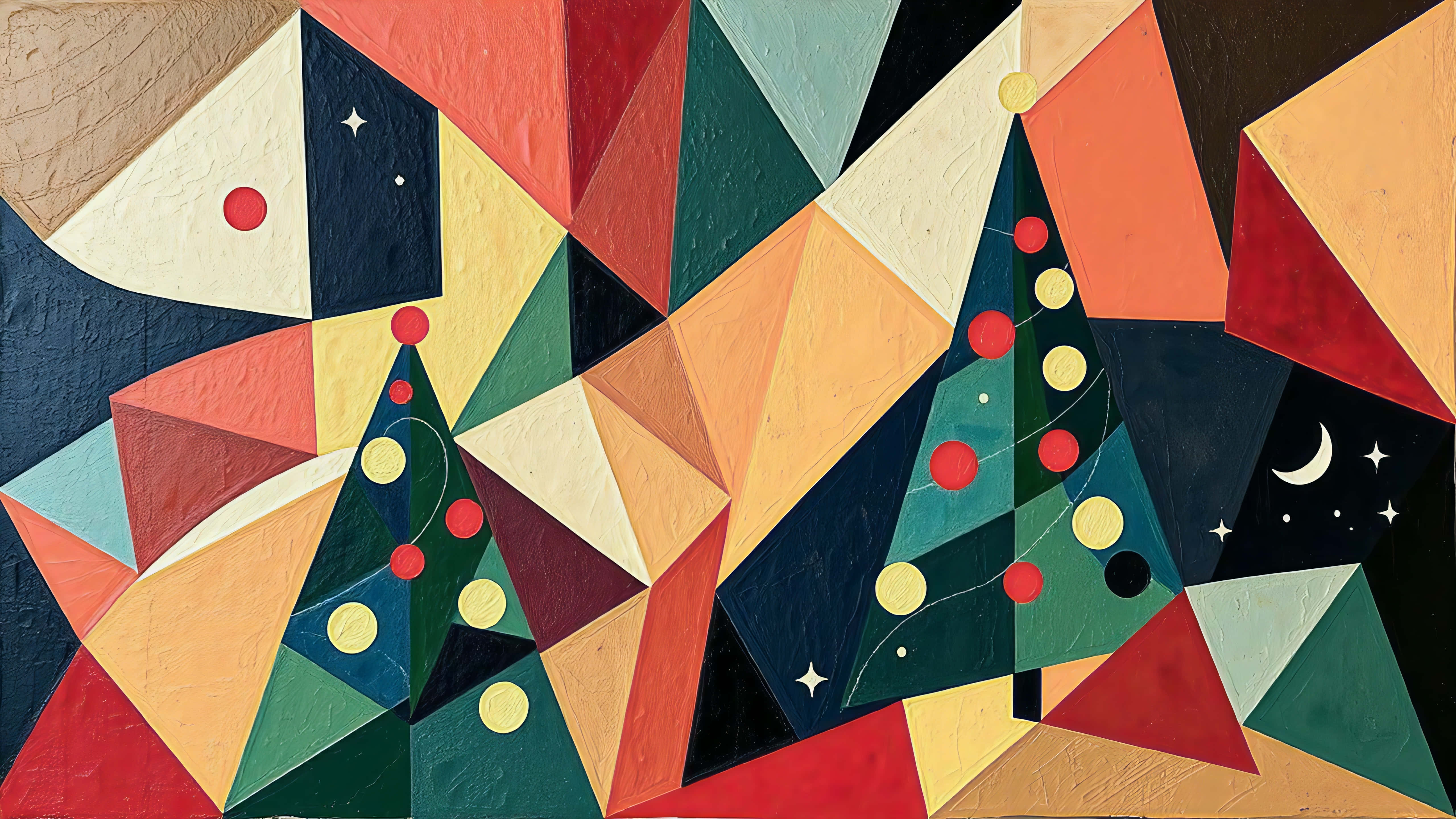 geometric abstract, Christmas trees, red and yellow ornaments, 5K Desktop Wallpaper