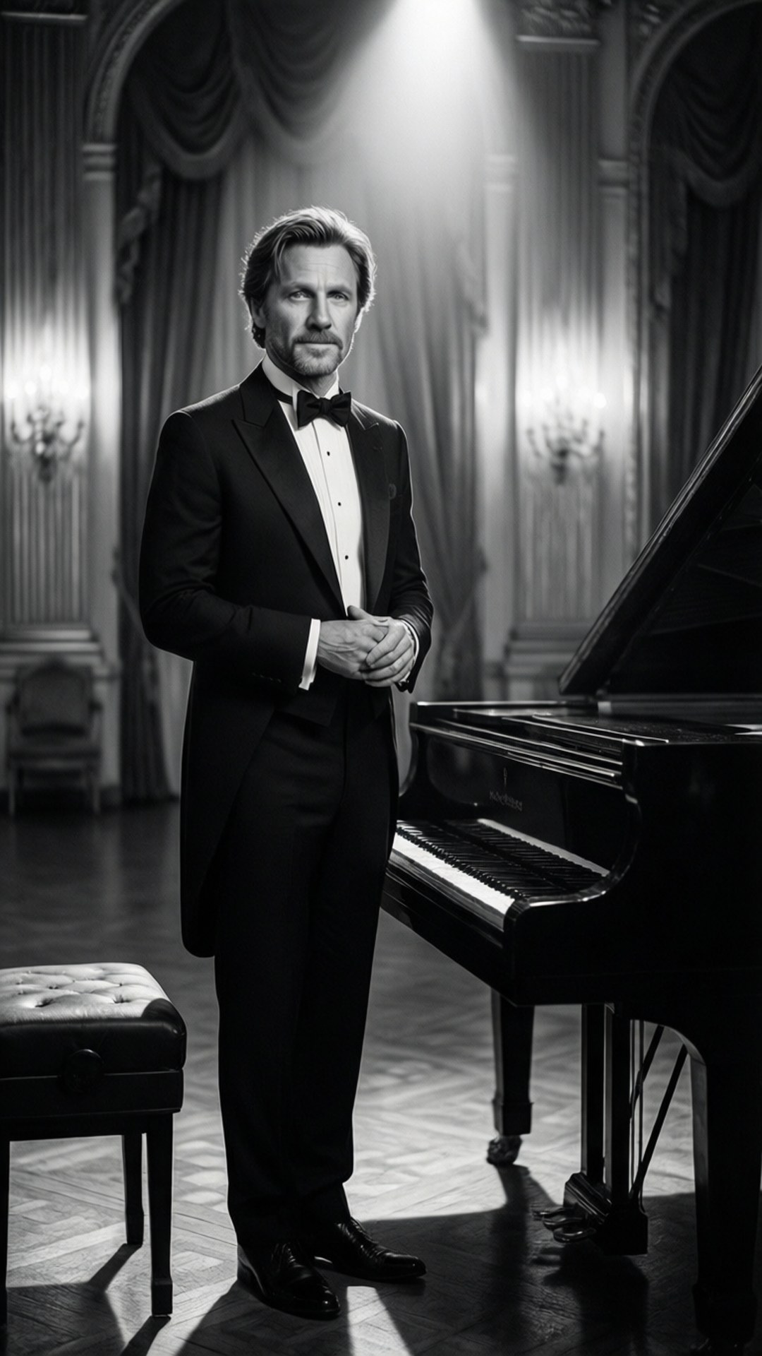 Christoph Waltz, tuxedo, grand piano, Full HD Phone Wallpaper