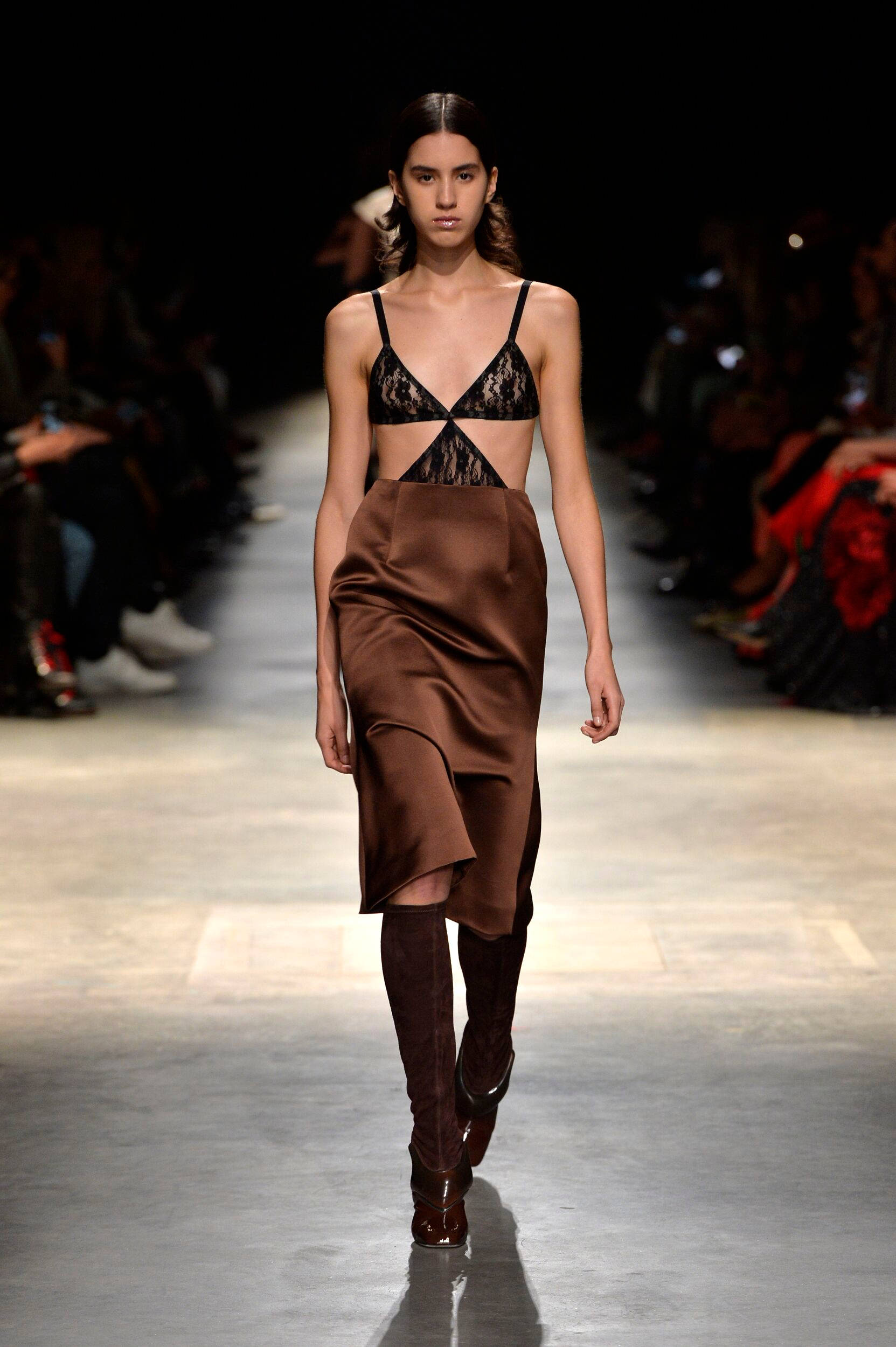 Christopher Kane, black lace bikini top, brown satin asymmetrical skirt, Full HD Phone Wallpaper