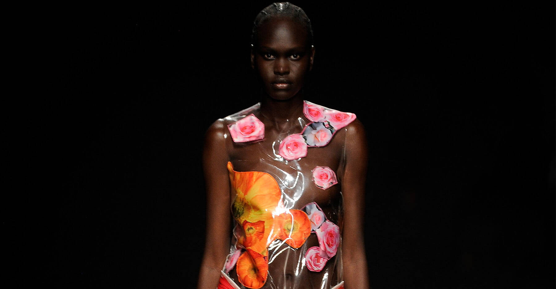Christopher Kane, clear plastic dress, vibrant pink and orange floral appliqués, HD Desktop Wallpaper