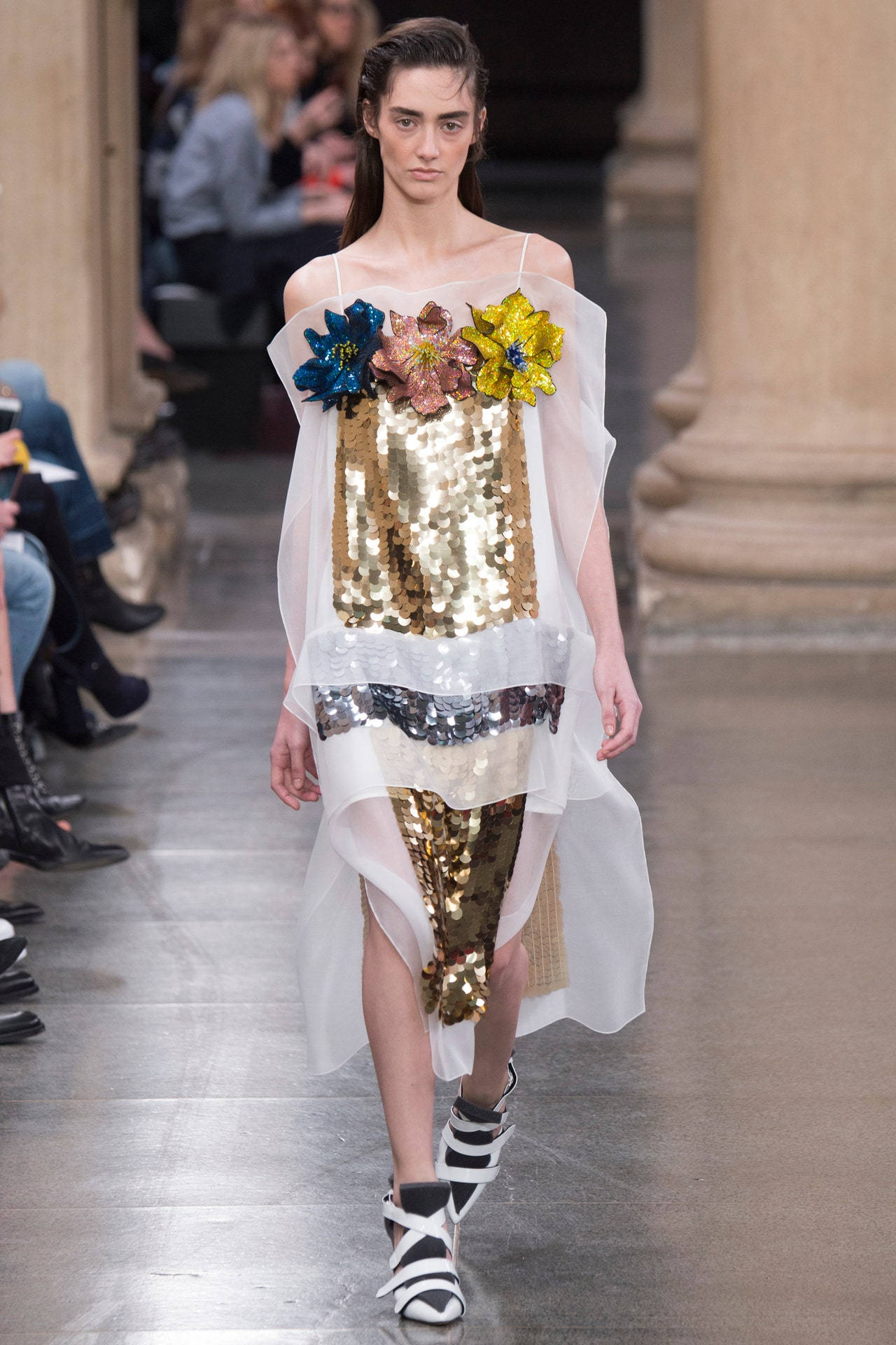 Christopher Kane, gold sequined dress, sheer white fabric, Full HD Phone Wallpaper