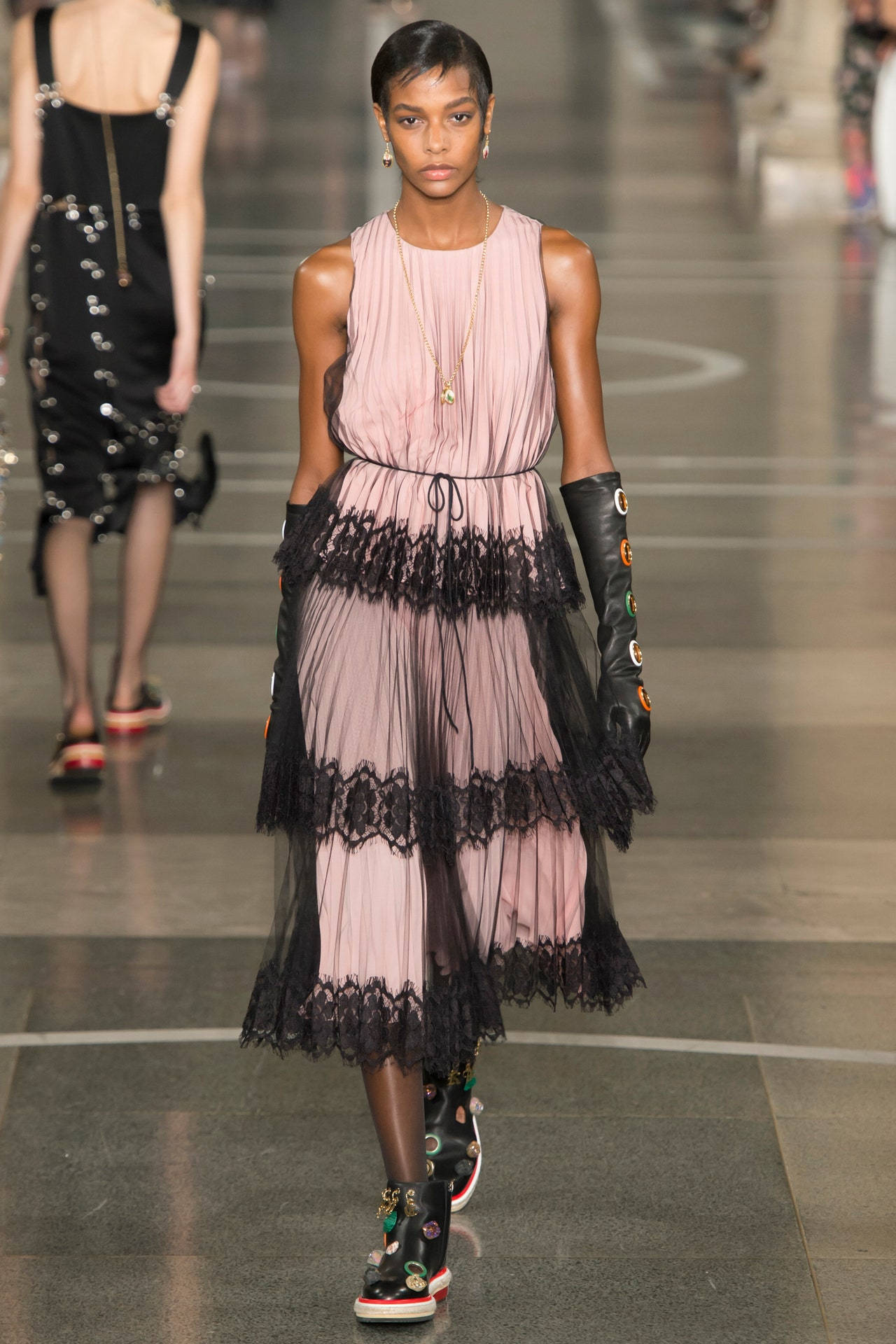 Christopher Kane, pink and black frill dress, lace dress, Full HD Phone Wallpaper