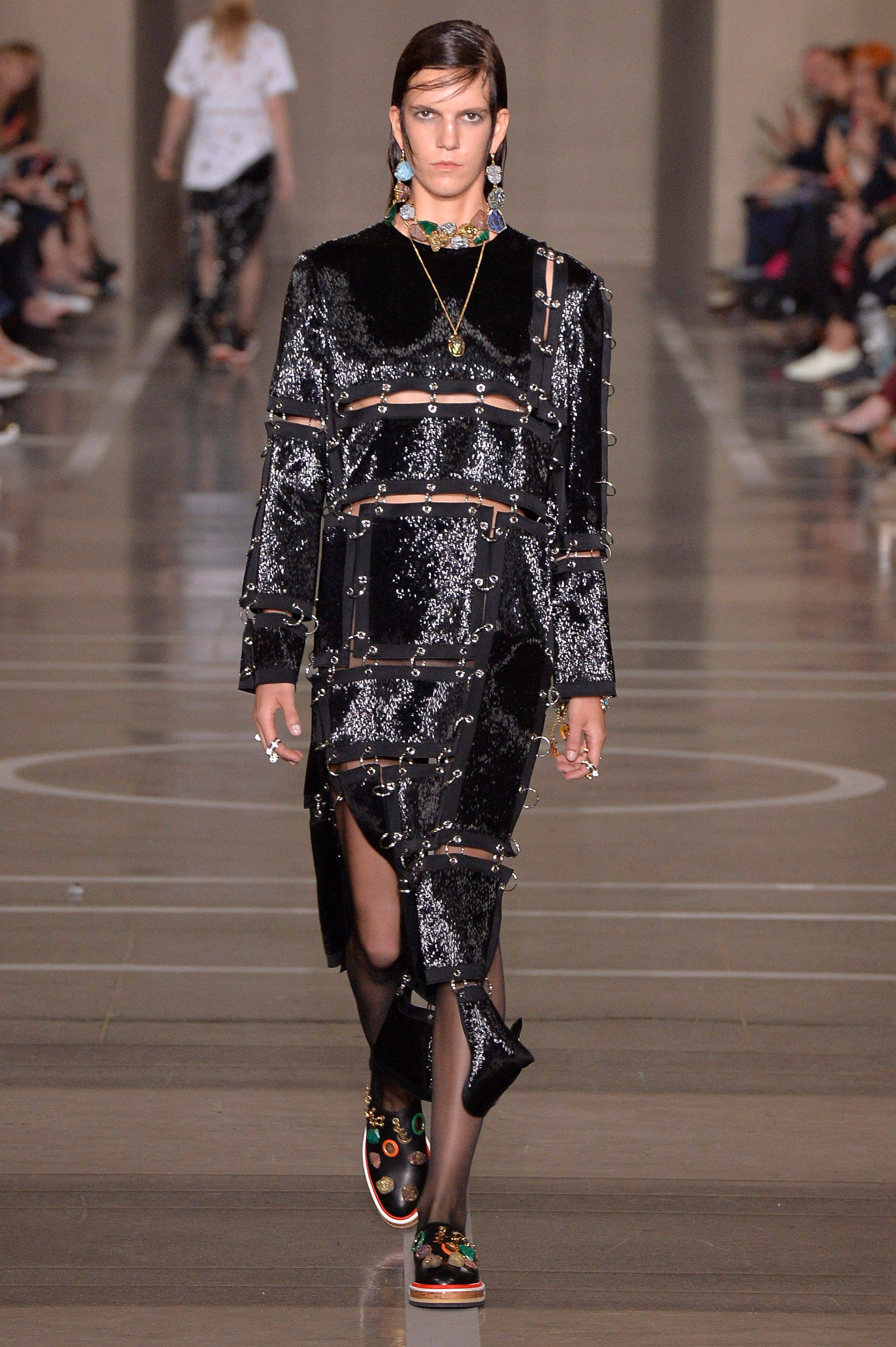 Christopher Kane, black metal ring dress, sequined, 2K Phone Wallpaper