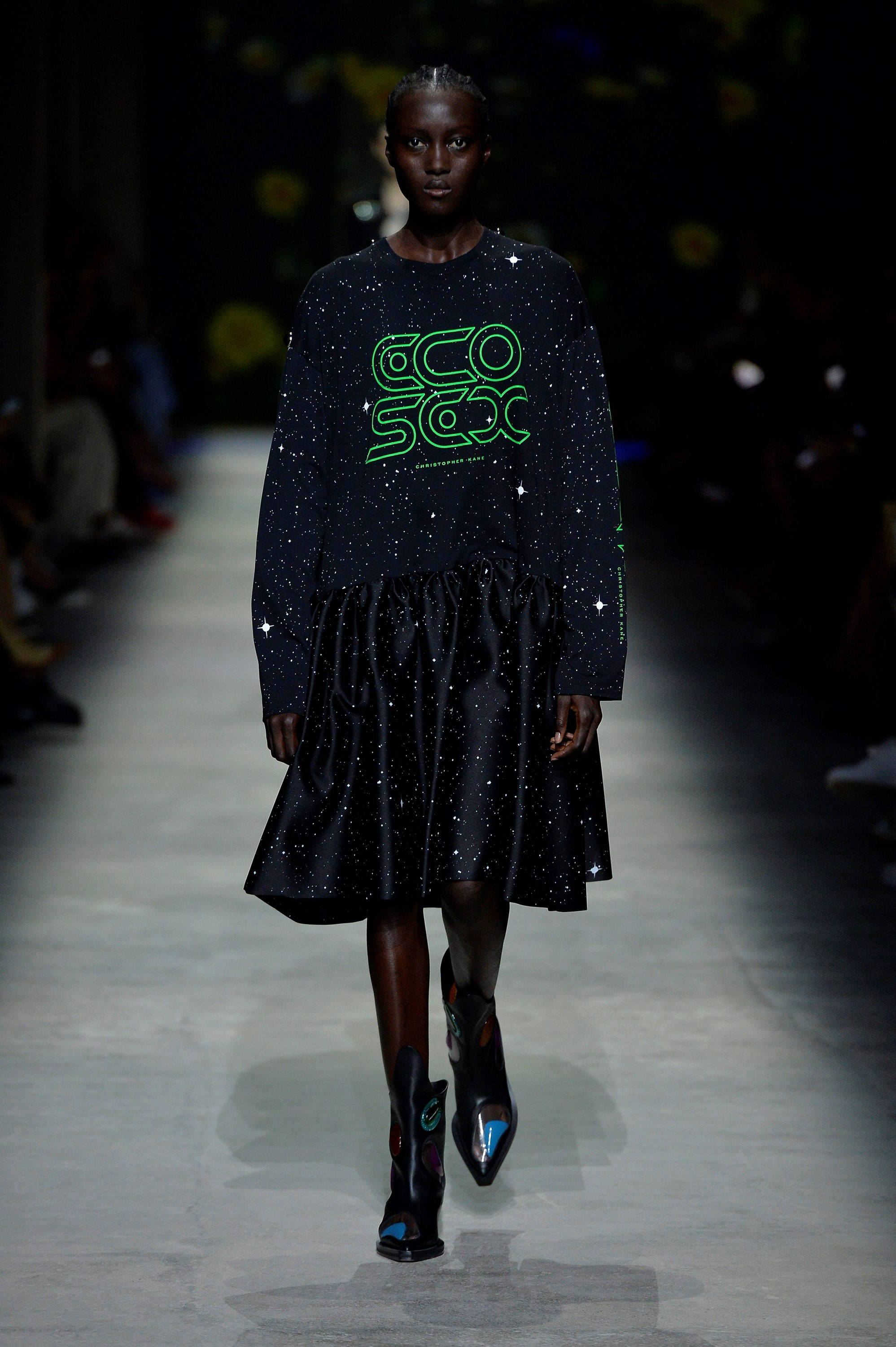 Christopher Kane, starry dress, glowing green text, 2K Phone Wallpaper