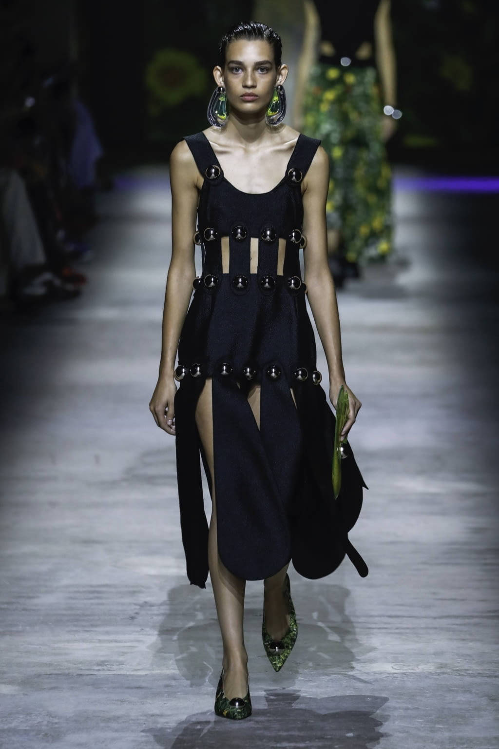 Christopher Kane, black button dress, metallic circular accents, HD Phone Wallpaper