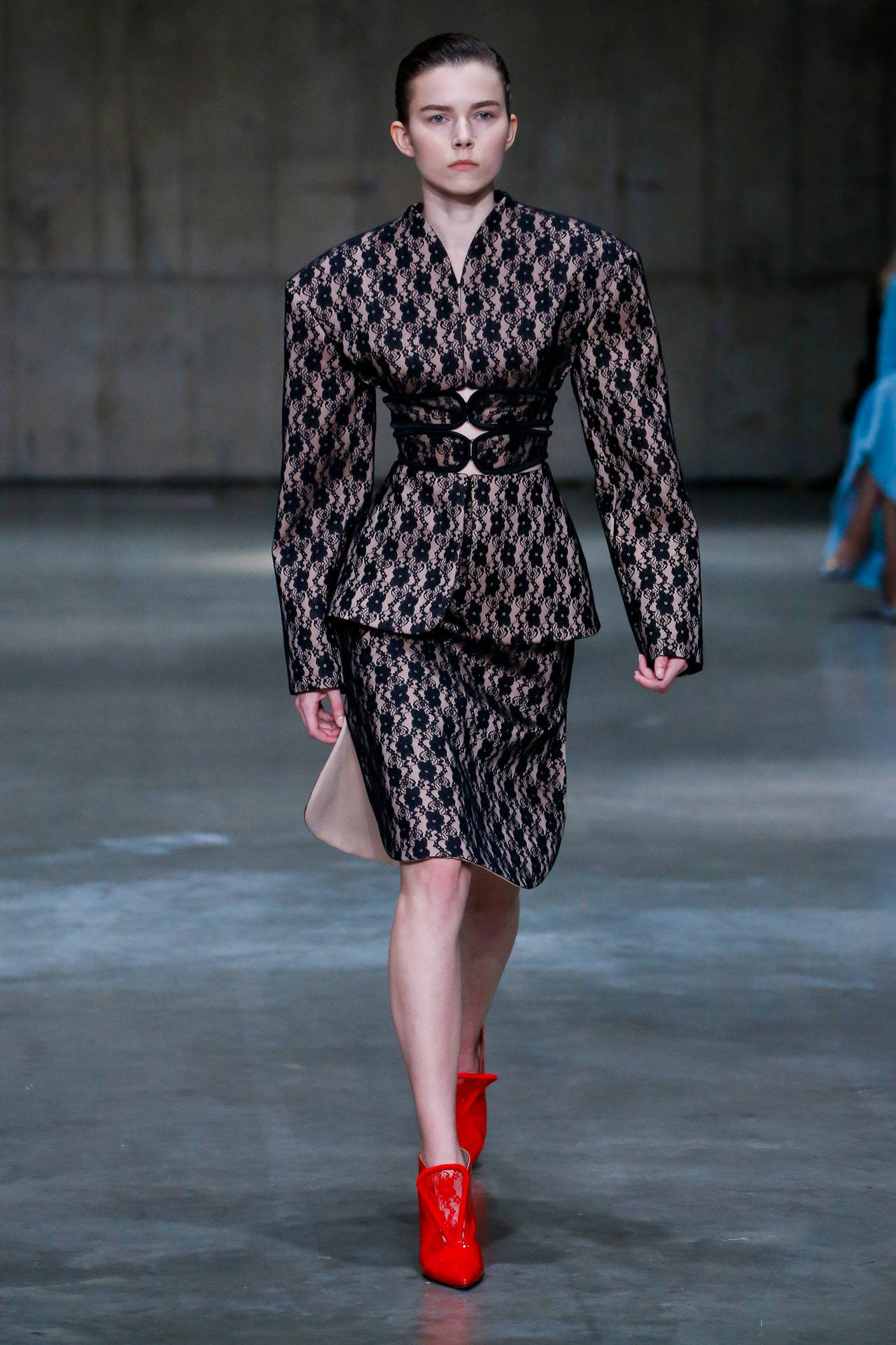 Christopher Kane, blazer skirt set, black lace patterned outfit, Full HD Phone Wallpaper