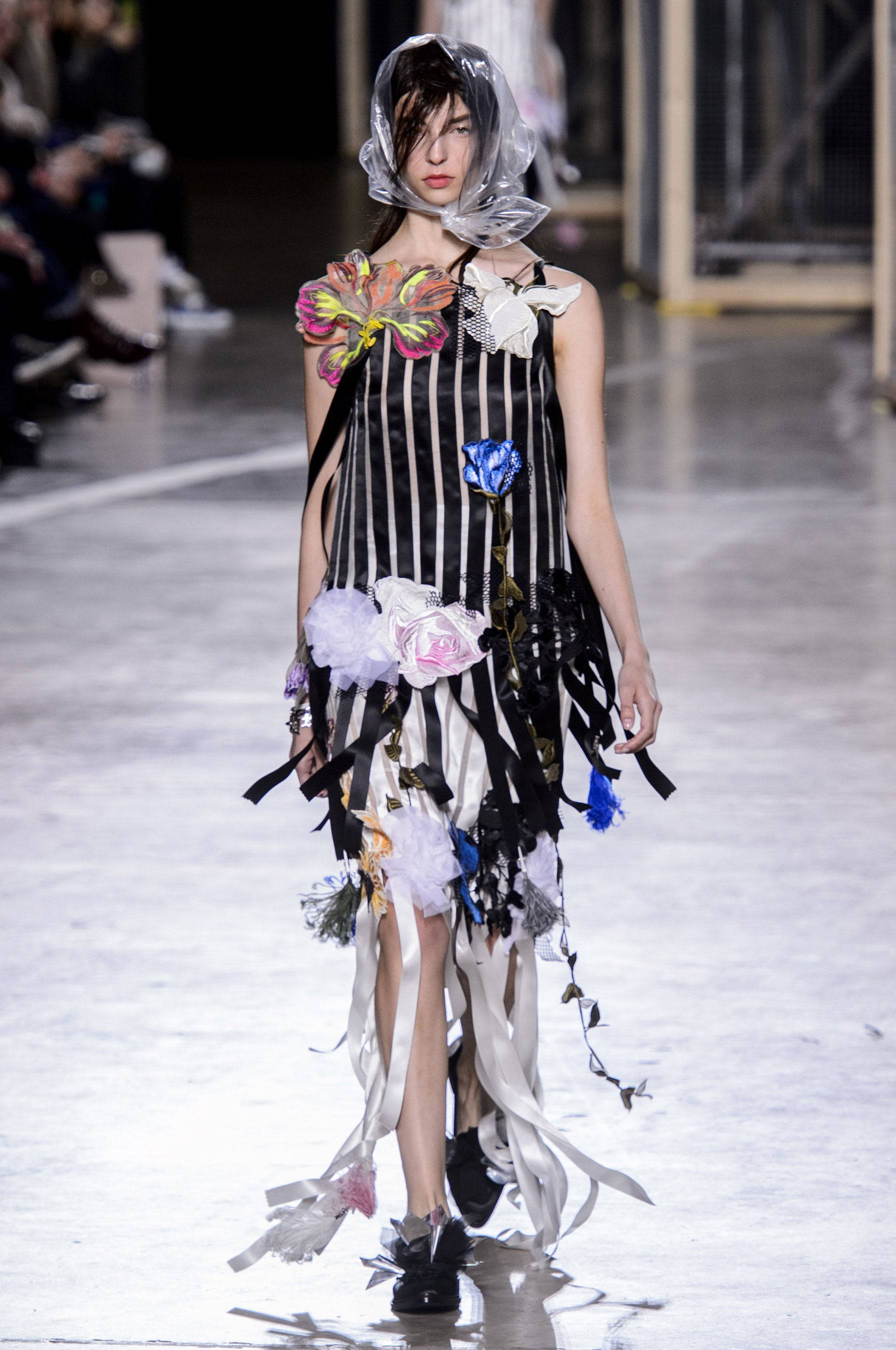Christopher Kane, black and white striped dress, colorful artificial flowers, 2K Phone Wallpaper