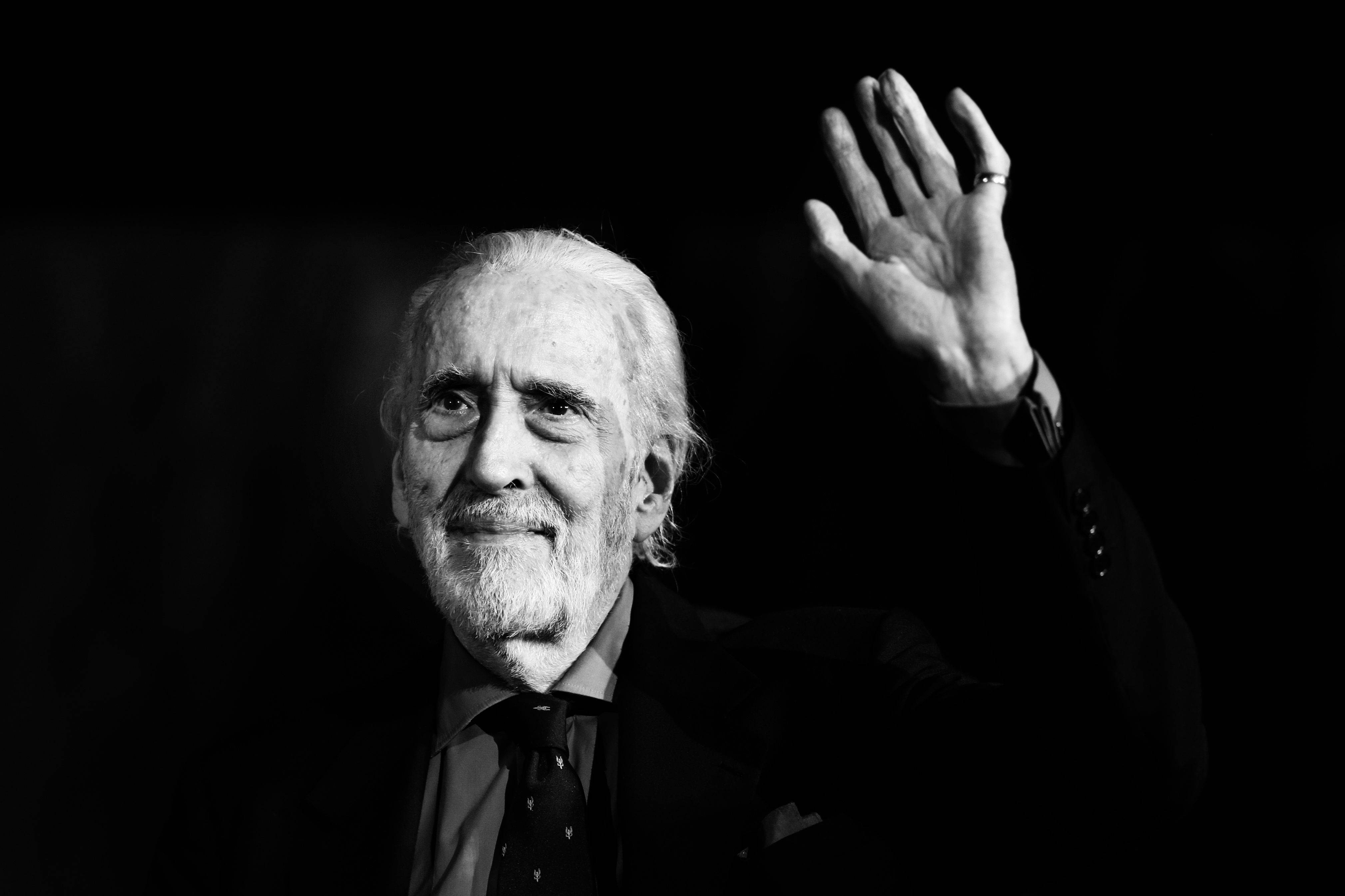 Christopher Lee, English actor, black and white portrait, 4K Desktop Wallpaper
