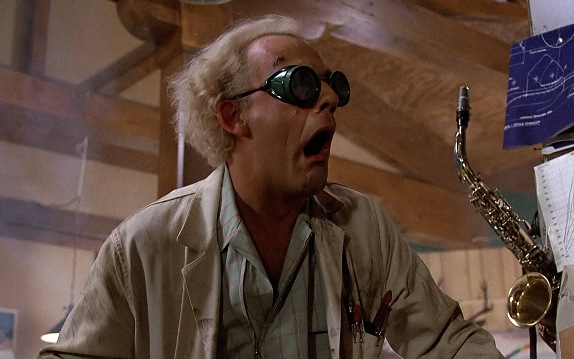 Christopher Lloyd, wild white hair, goggles, Full HD Desktop Wallpaper