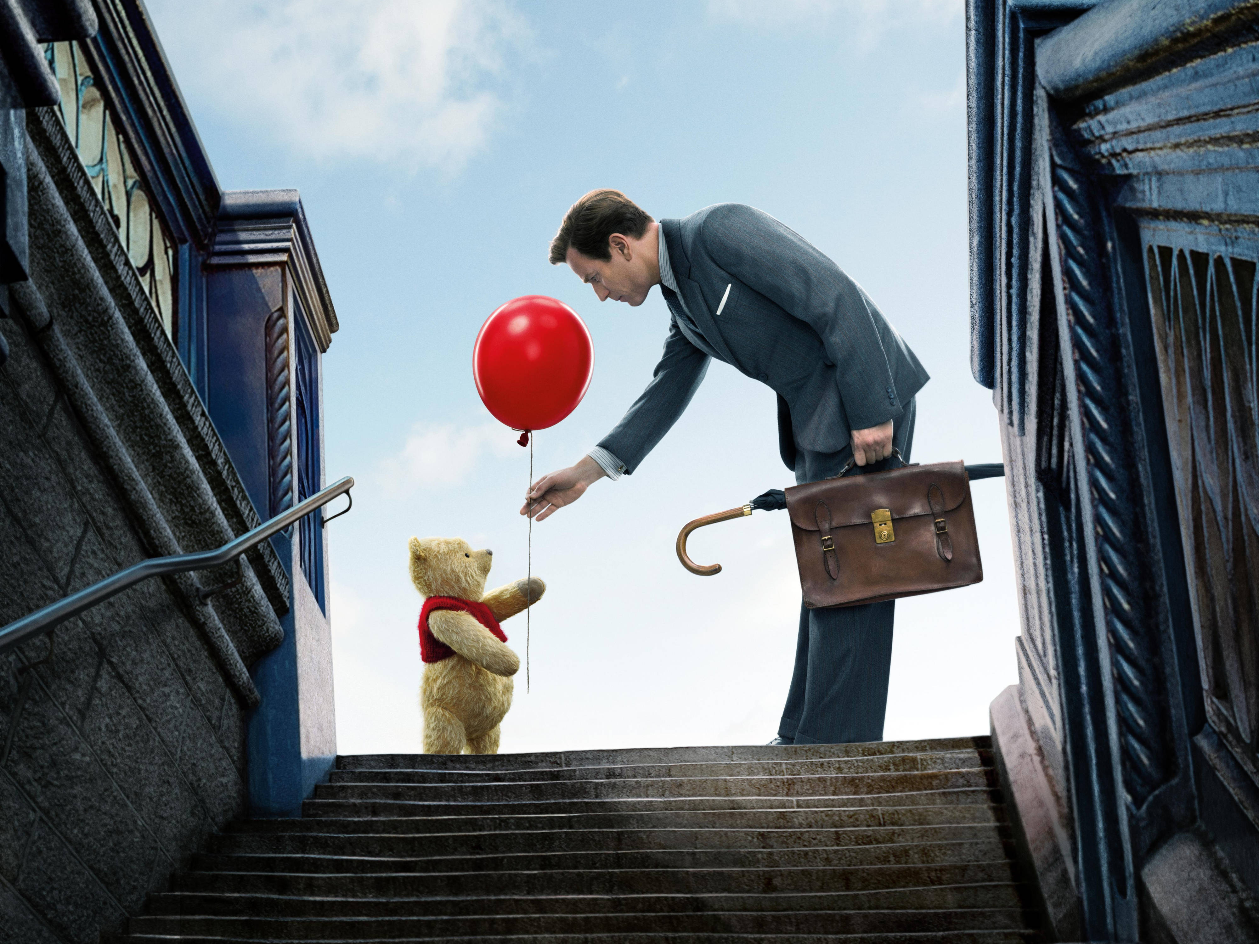 Christopher Robin, red balloon, small bear, 4K Desktop Wallpaper