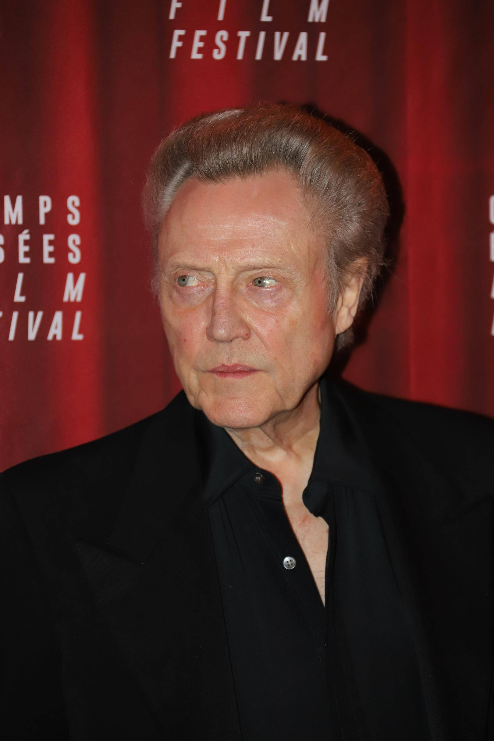 Christopher Walken, red curtain, white text, Full HD Phone Wallpaper