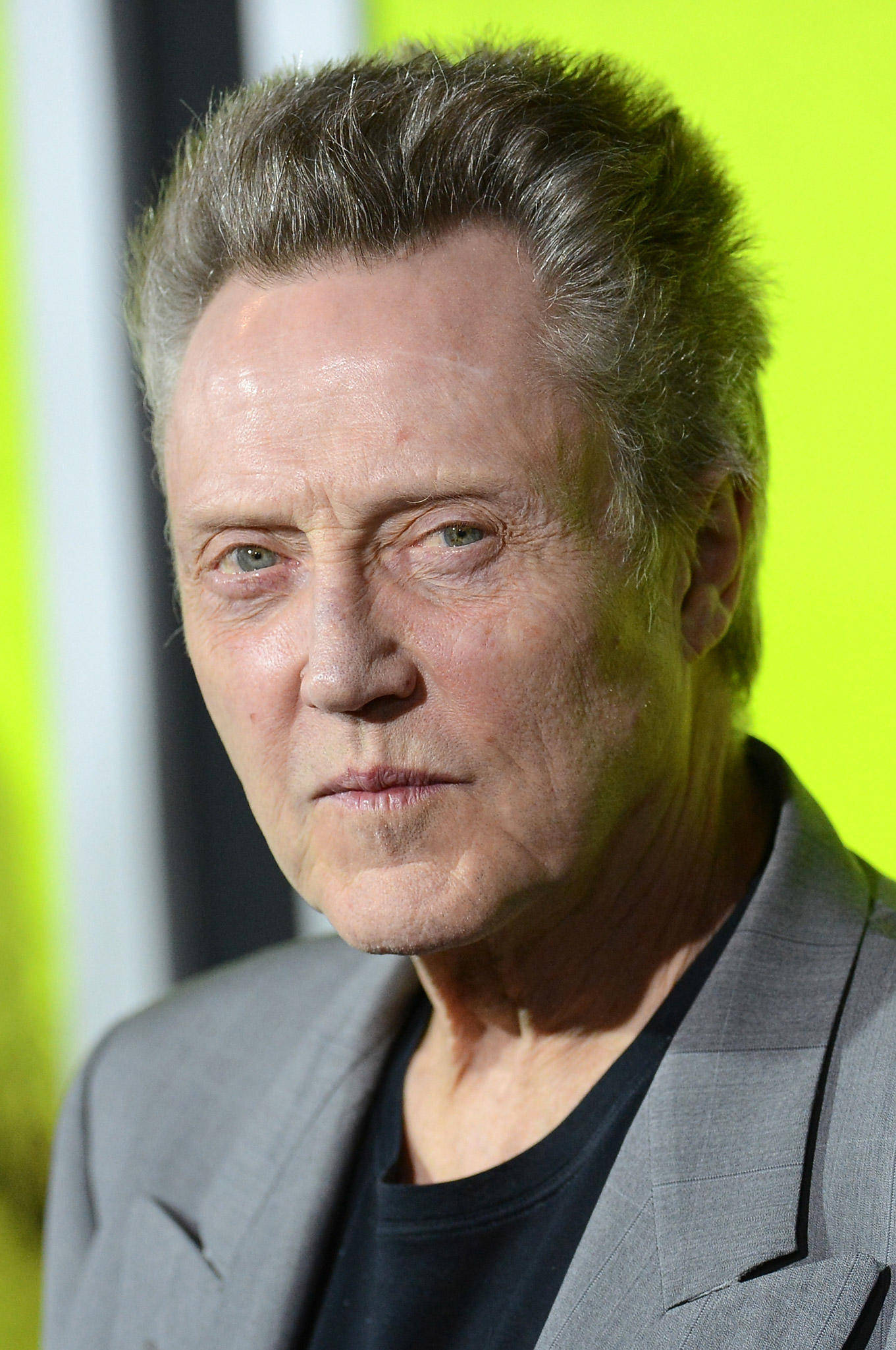 Christopher Walken, grey suit, vibrant lime green background, Full HD Phone Wallpaper