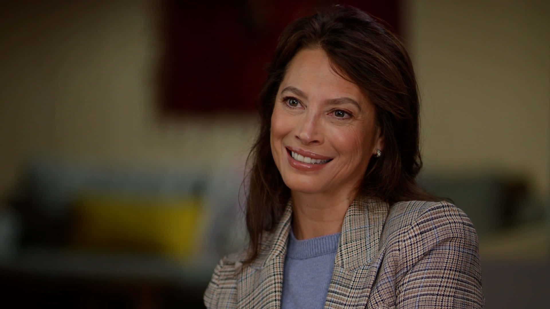 Christy Turlington, plaid blazer, blue sweater, Full HD Desktop Wallpaper