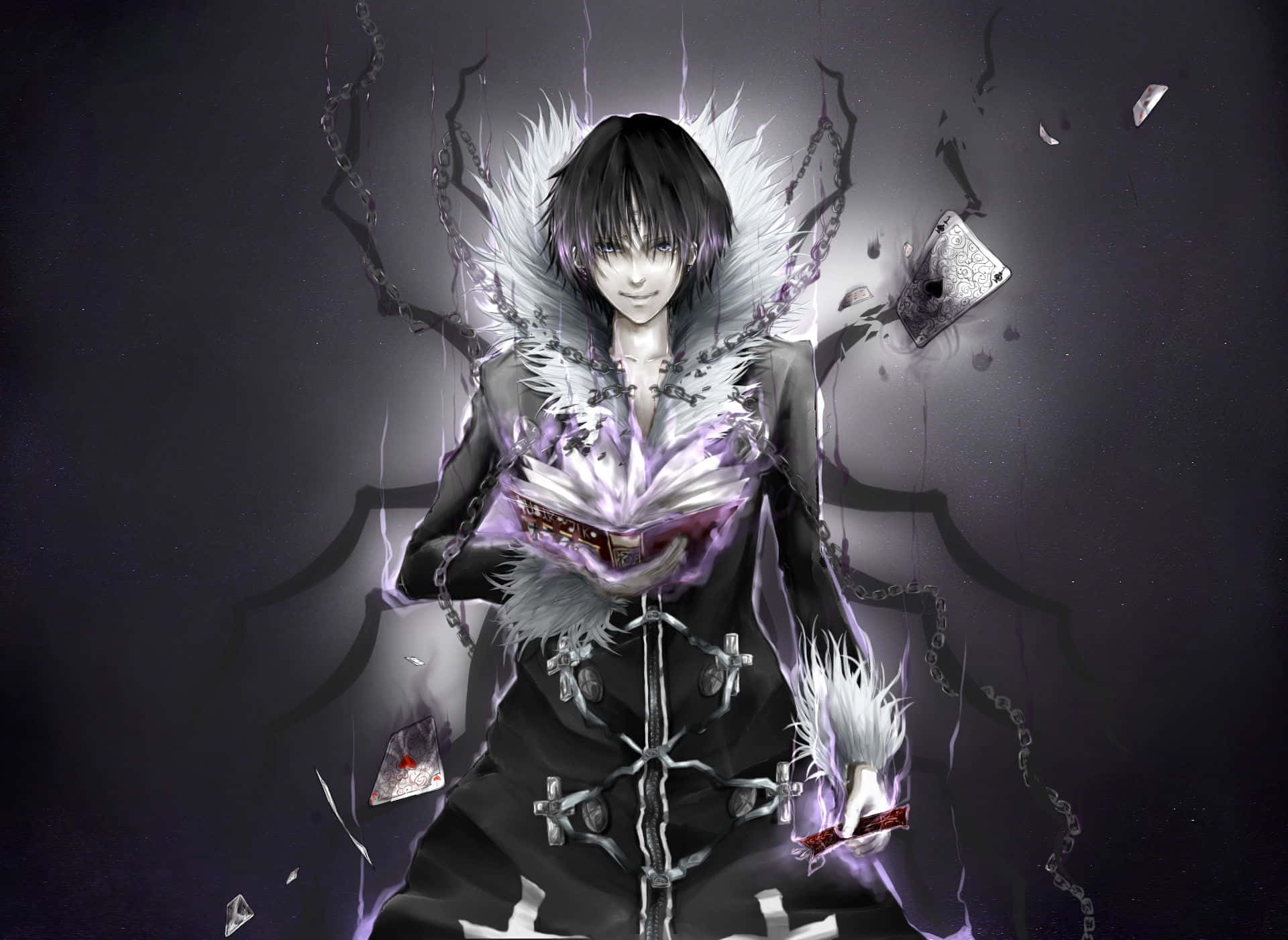 Chrollo Lucilfer, white fur collar, chains, Full HD Desktop Wallpaper