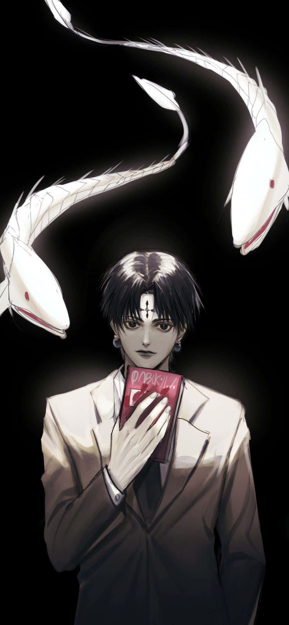 Chrollo Lucilfer, red book, white serpent-like creatures, Full HD Phone Wallpaper