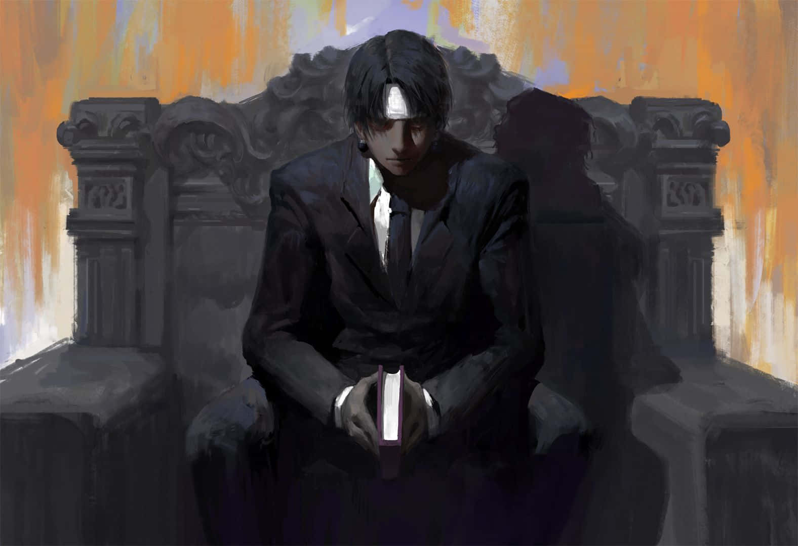 Chrollo Lucilfer, dark suit, ornate throne, HD Desktop Wallpaper