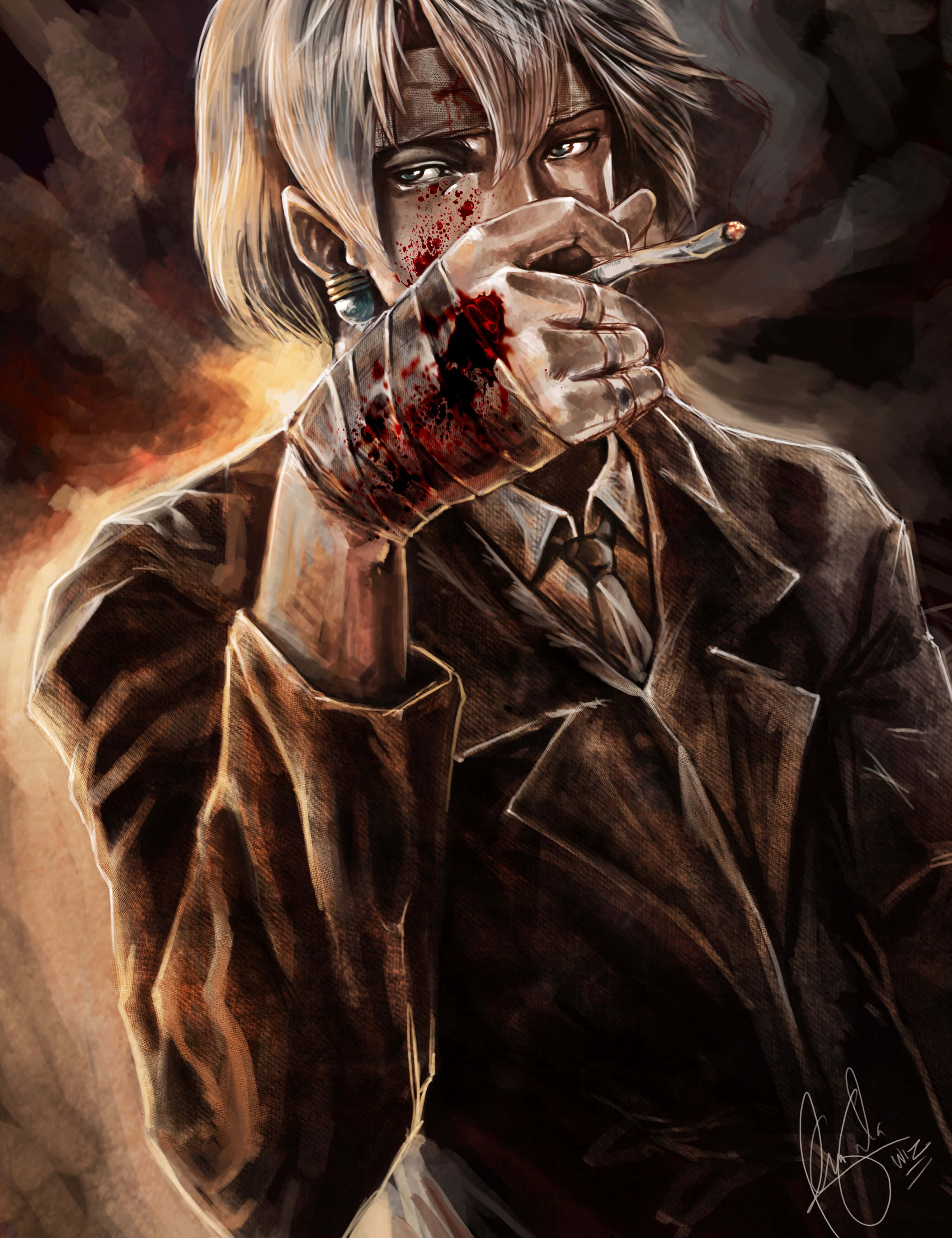 Chrollo Lucilfer, anime-style character, bloodied face, 4K Phone Wallpaper