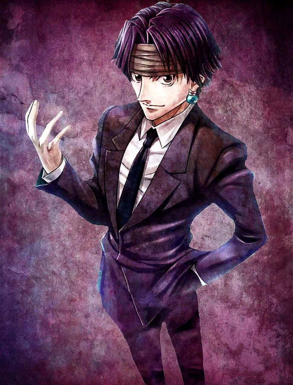 Chrollo Lucilfer, dark suit, textured purple background, SD Phone Wallpaper