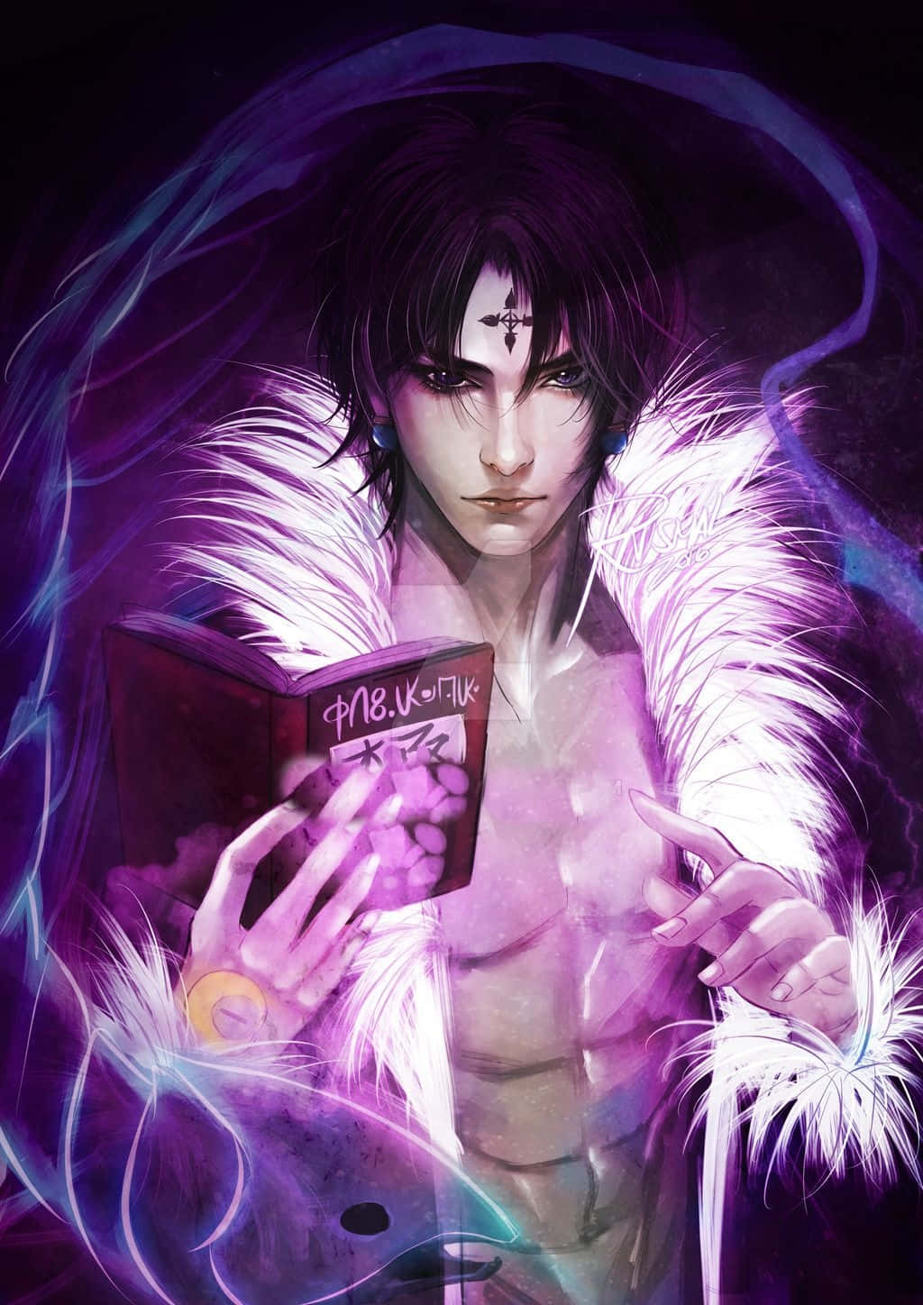 Chrollo Lucilfer, cross mark on his forehead, glowing purple book, HD Phone Wallpaper
