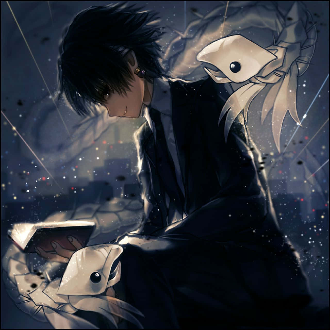 Chrollo Lucilfer, black coat, white origami birds, HD Desktop Wallpaper