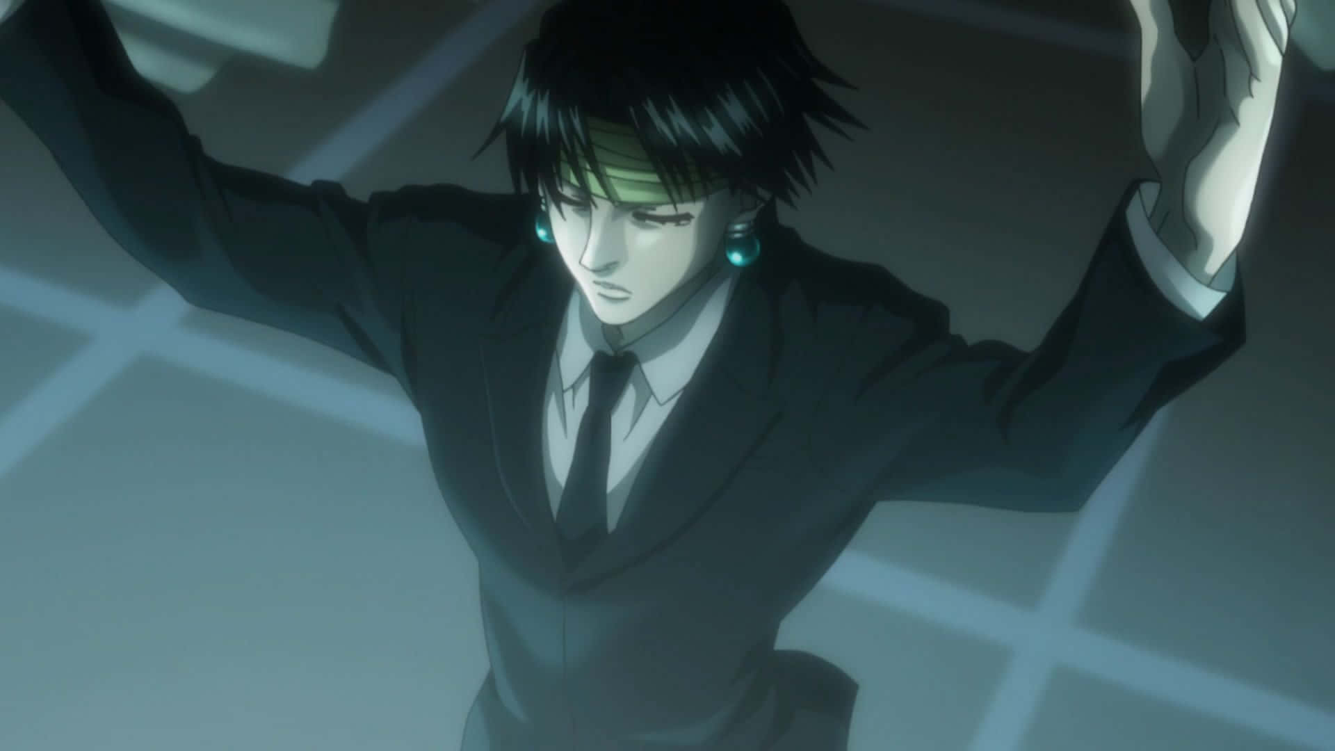Chrollo Lucilfer, black suit, glowing grid floor, Full HD Desktop Wallpaper