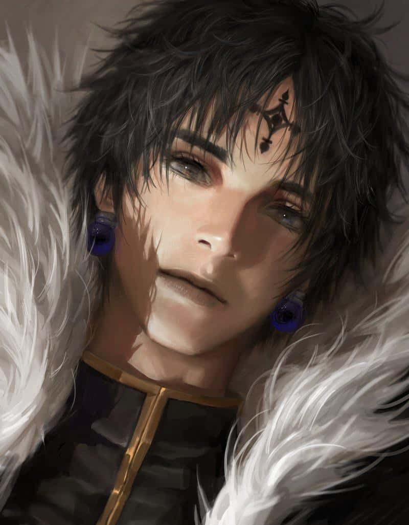 Chrollo Lucilfer, dark messy hair, blue earrings, SD Phone Wallpaper