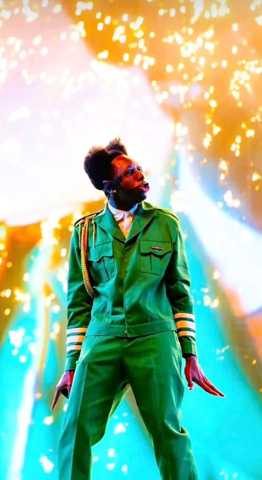 Chromatopia, green military-style uniform, golden stage lights, Full HD Phone Wallpaper