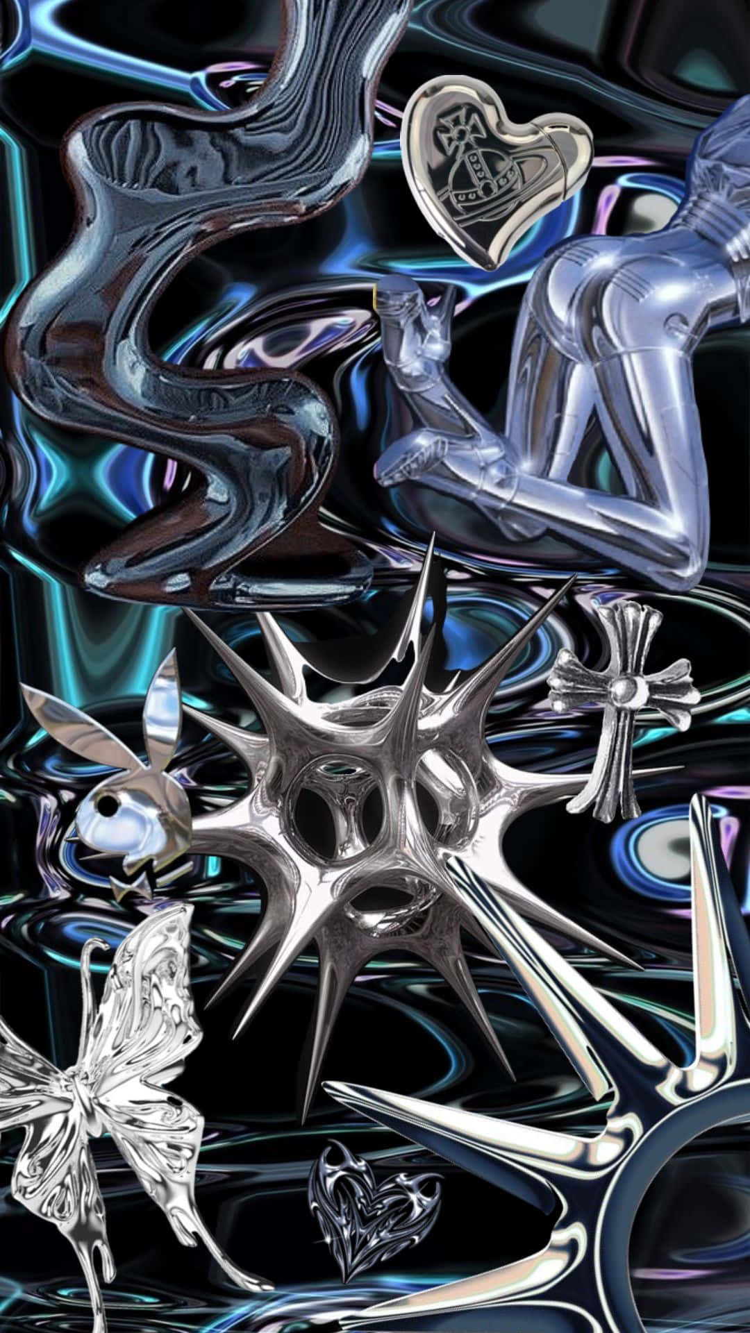 chrome figures, heart, starburst, Full HD Phone Wallpaper