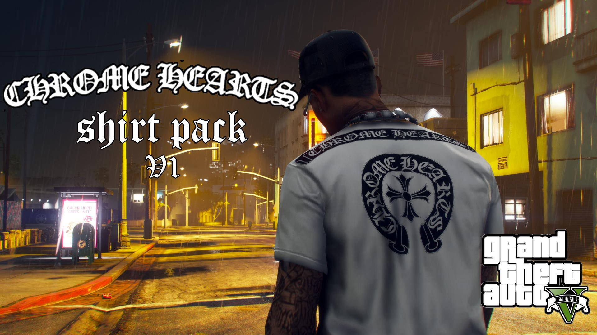 Chrome Hearts, man, rain-slicked city street, Full HD Desktop Wallpaper