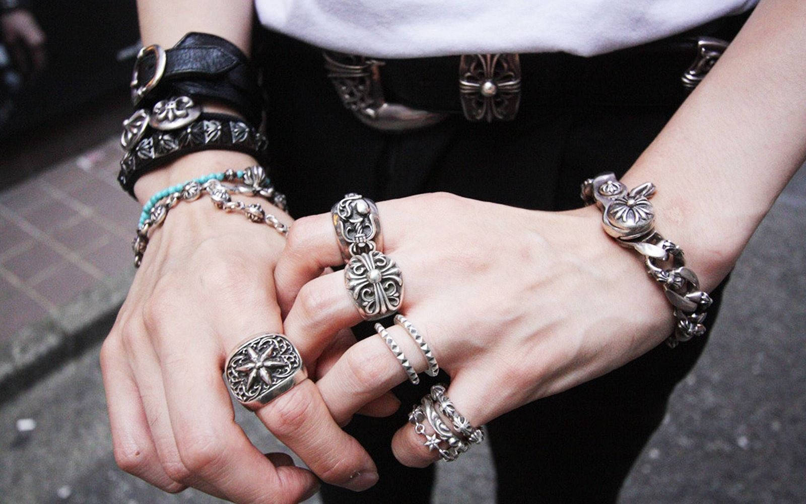 Chrome Hearts, silver rings, black leather bracelets, HD Desktop Wallpaper