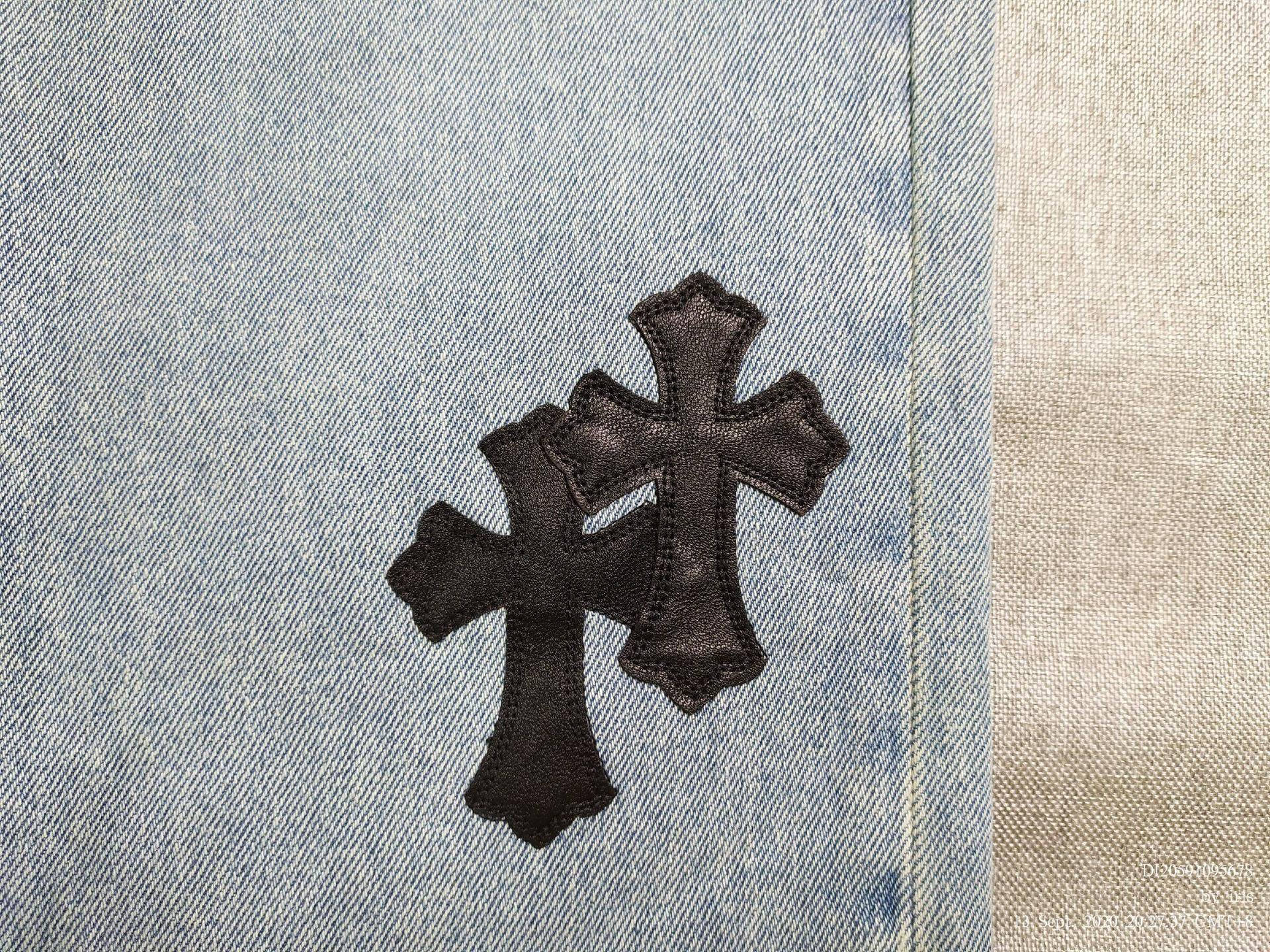 Chrome Hearts, black leather cross patches, light blue denim jeans, Full HD Desktop Wallpaper